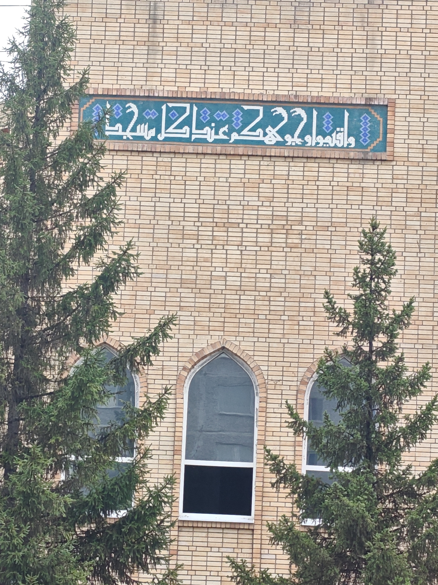An exterior, medium shot captures the facade of a brick building in Petropavl, Kazakhstan. The brickwork is light brown and arranged in a running bond pattern. Across the facade, a decorative tiled inscription runs horizontally, set within a brown border. The tiles are predominantly teal and white, with geometric patterns and Arabic calligraphy. The inscription appears to be a phrase of religious or historical significance.
Below the inscription, the building features two arched windows with white frames. The left window is covered with a translucent material, obscuring the view inside, while the right window has a black interior. Two evergreen trees, with dark green needles and prominent branches, partially obscure the view of the building. The tree on the left is larger and closer to the camera, its branches extending across the left side of the frame. The tree on the right is smaller and positioned further back, its branches reaching towards the right side of the frame. The overall impression is one of an institutional or religious building, possibly a mosque or madrasa, given the Arabic calligraphy. The presence of the evergreen trees suggests a temperate climate. The sky is not visible in the frame.