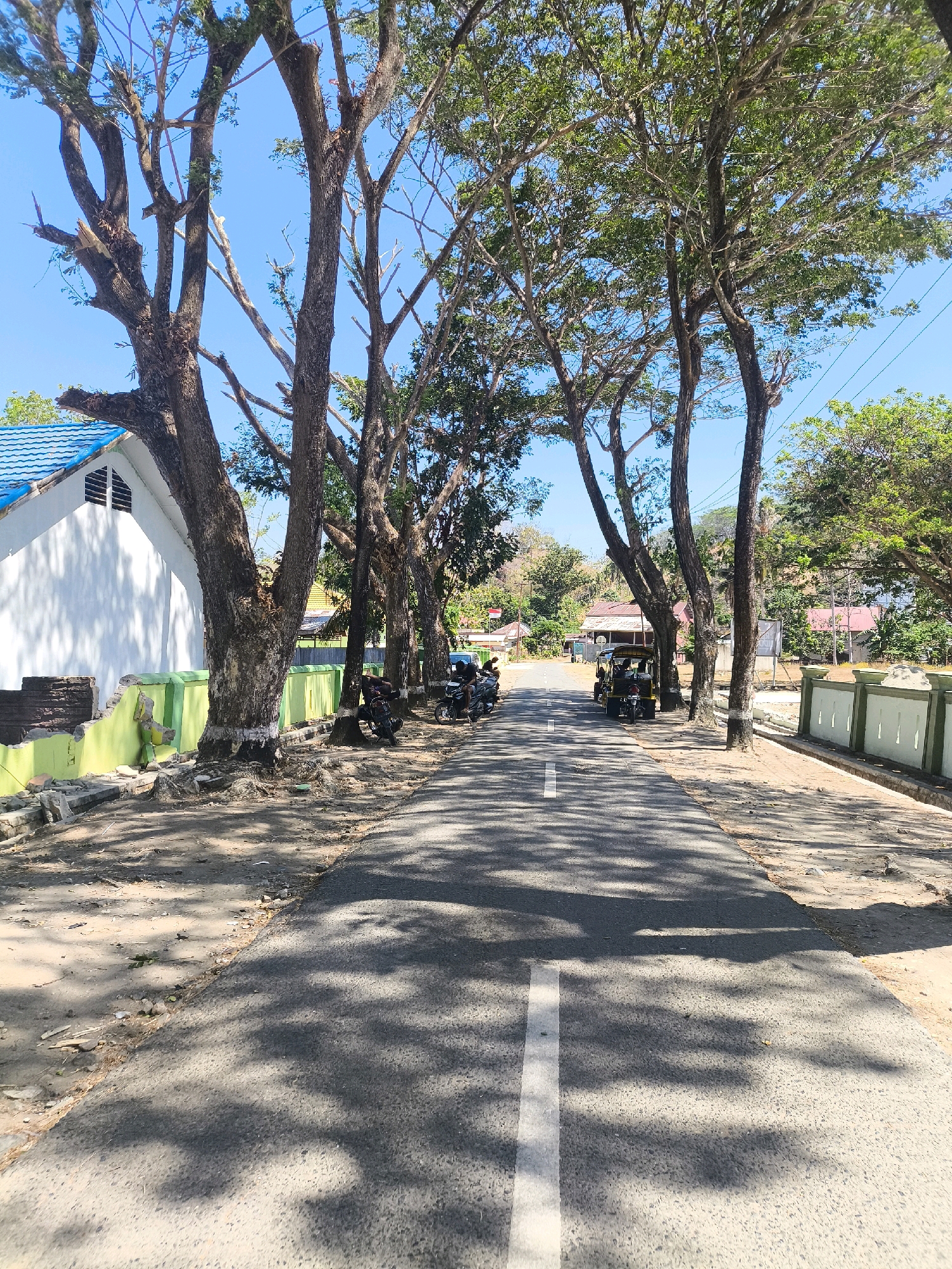 The image depicts a paved road in a rural or semi-urban area, likely in Indonesia, given the architectural style of the buildings and the presence of motorbikes and a tuk-tuk. The road is lined with mature trees casting dappled shadows on the asphalt. On the left side of the road, a white building with a blue roof is visible, partially obscured by the trees. A low, light green wall runs along the property line, showing some signs of disrepair. Several motorbikes are parked along the side of the road near the building. Further down the road, on the right side, a yellow tuk-tuk is visible, also parked. Beyond the immediate roadside, there are more trees and buildings in the background, suggesting a small settlement or village. The sky is clear and blue, indicating a sunny day. The overall impression is a quiet, somewhat rustic scene, possibly a residential or commercial street in a tropical or subtropical region.