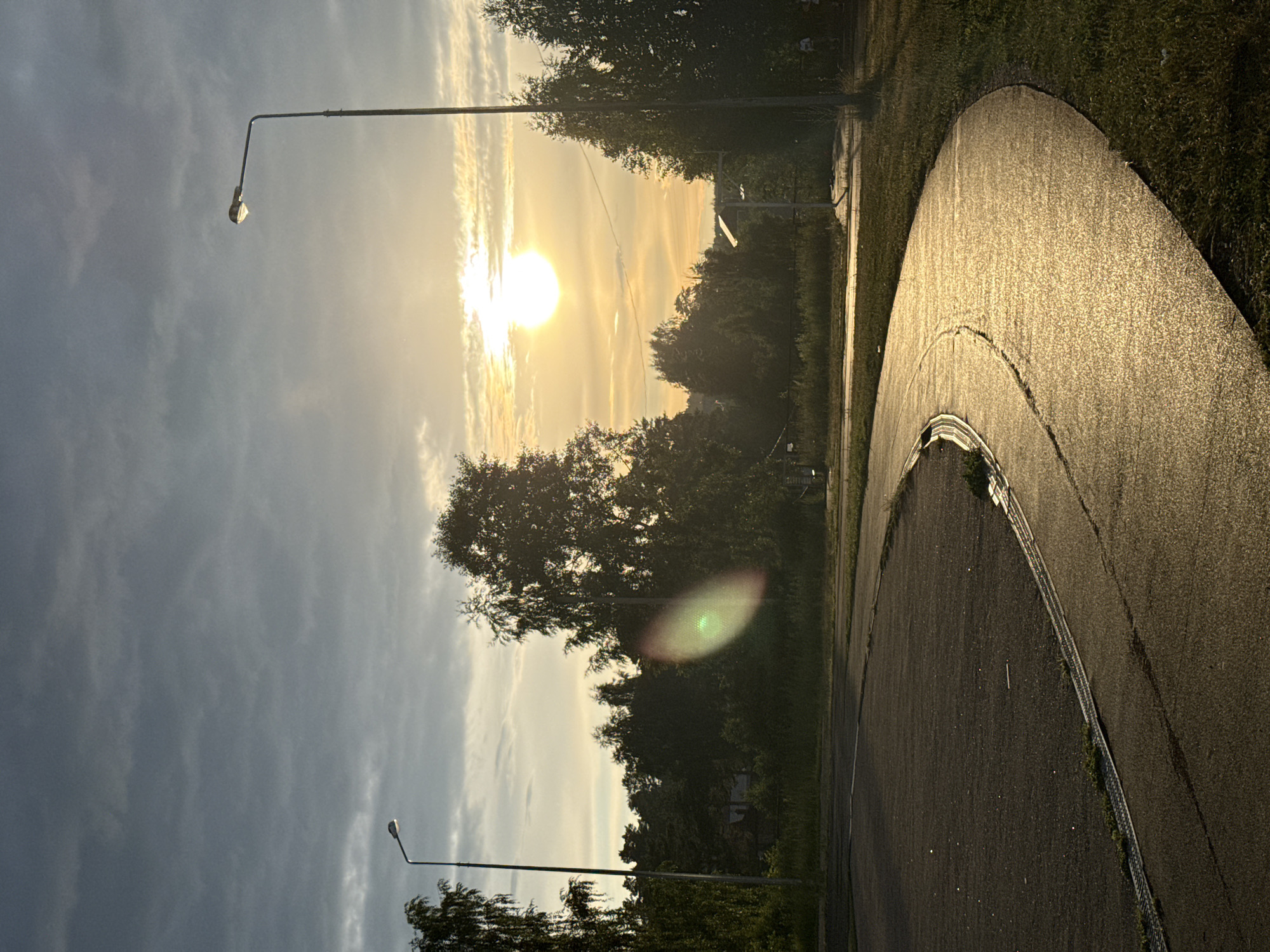 This is a vertical, outdoor photograph taken at sunrise in Chaikovsky, Russia. The sun, a bright, glowing orb, is positioned in the upper center of the frame, casting a warm, golden light across the scene. Wispy clouds, tinged with yellow and orange from the sunrise, stretch across the sky.
In the foreground, a paved pathway, likely a bicycle path or walkway, curves from the bottom right of the image towards the center. The surface of the path is wet and reflects the golden light of the sun, giving it a shimmering appearance. A low fence with a metal railing runs alongside the path. To the left of the path, a grassy verge is visible.
Further back, a line of trees with lush green foliage lines the edge of the pathway. Two streetlights with traditional lamp heads are visible, one in the upper left quadrant and another in the lower left quadrant of the image, silhouetted against the bright sky. The scene appears serene and tranquil, indicative of the early morning. The overall impression is one of a peaceful dawn in a semi-urban or park-like setting.