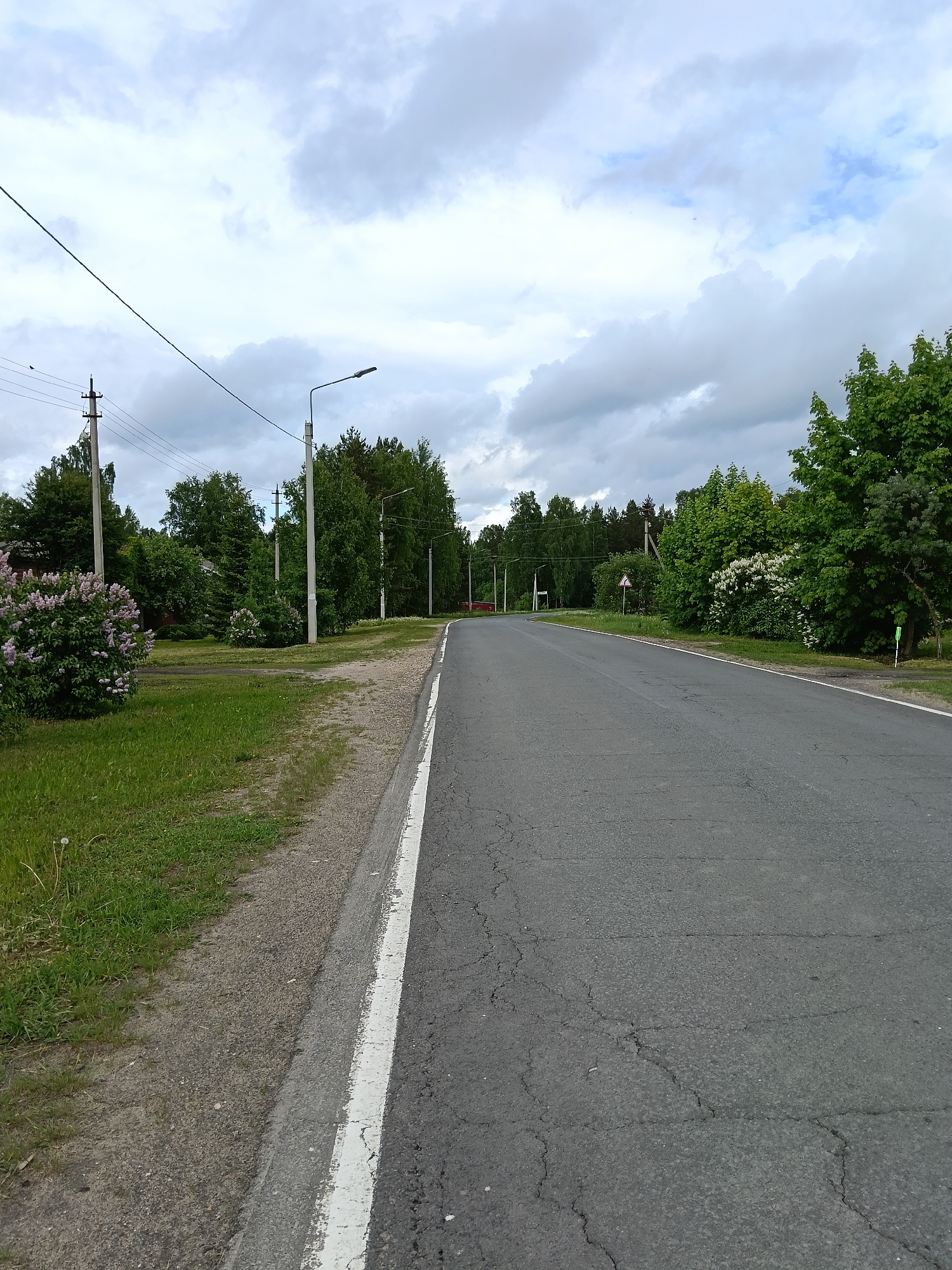 The image shows a paved road in Красный Маяк, Russia. The road stretches into the distance, with trees lining either side. Power lines are visible on the left side of the road, along with some flowering bushes. The sky is cloudy. The road surface shows signs of wear and tear. There are no people visible in the image.