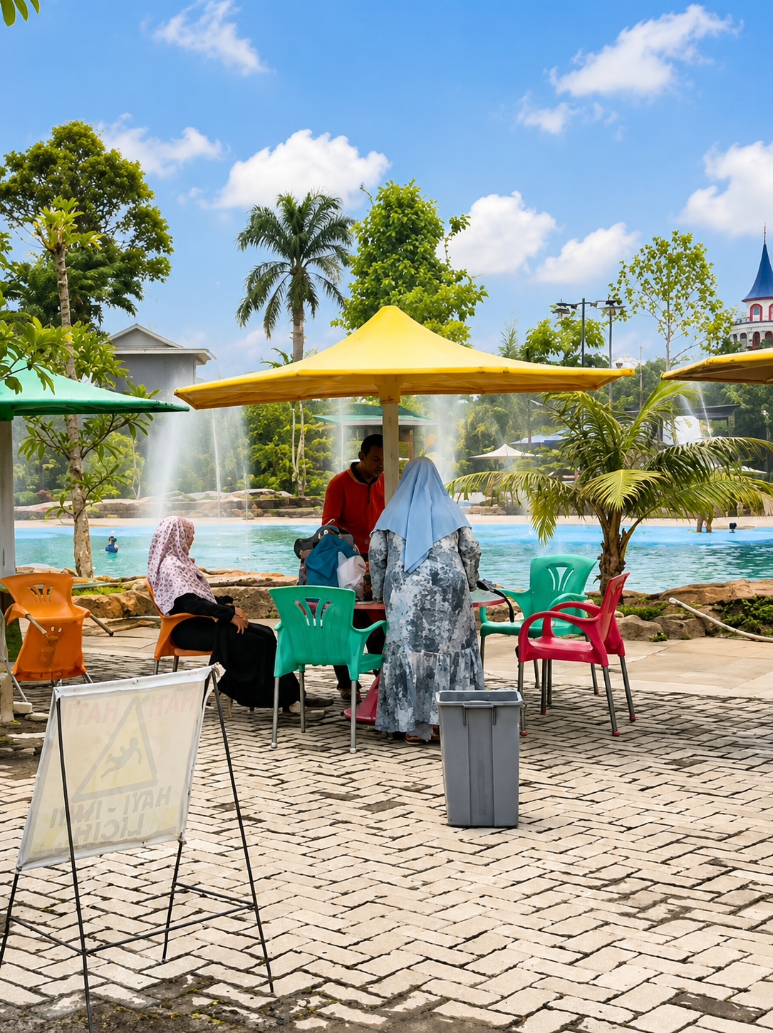 The image depicts an outdoor area at a water park in Eampat Kwalamencirim, Indonesia, on a bright, sunny day with a blue sky and scattered clouds. In the foreground, a white sign with black text and a warning symbol depicting a person slipping is propped up by a black metal stand. The ground is paved with tan and grey interlocking brickwork.
In the midground, several people are gathered around a table under a large yellow umbrella. A man in a red shirt stands near the table. Two women are seated, one in a light pink hijab and dark clothing, and another in a blue hijab and a patterned dress. Several colorful chairs are placed around the table, including orange, green, and red plastic chairs. A grey trash can is located to the right of the gathering.
Behind the table, a swimming pool with clear blue water is visible, with a waterfall in the background. Lush green trees and palm trees surround the pool area, and in the distance, a building with a red roof and blue turrets can be seen.
