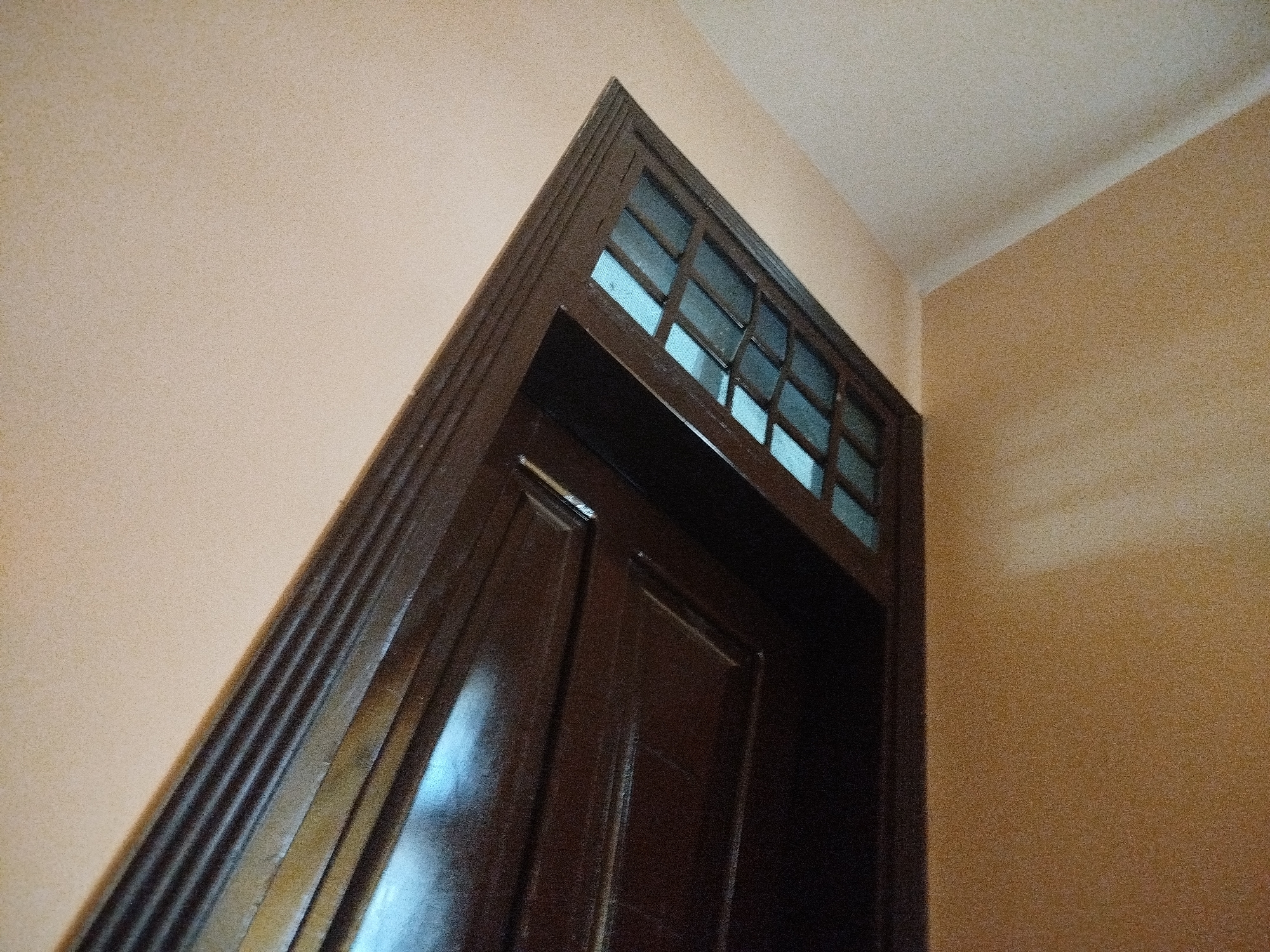 The image shows an interior view of a wooden door frame and part of a door, situated in a room with light beige and orange walls. The door frame is dark brown and has a paneled design with a series of small rectangular windows at the top, revealing a bright, possibly sky-blue, interior space. The door itself is also dark brown and appears to be paneled, with a glossy finish reflecting light. The ceiling is white and smooth, with a slight curvature where it meets the walls. The lighting suggests an indoor environment, possibly during the day, with light coming from an unknown source and reflecting off the polished surfaces. There are no people or animals visible in the frame. The location of Lassan, Pakistan, is irrelevant to the visual content of the image.