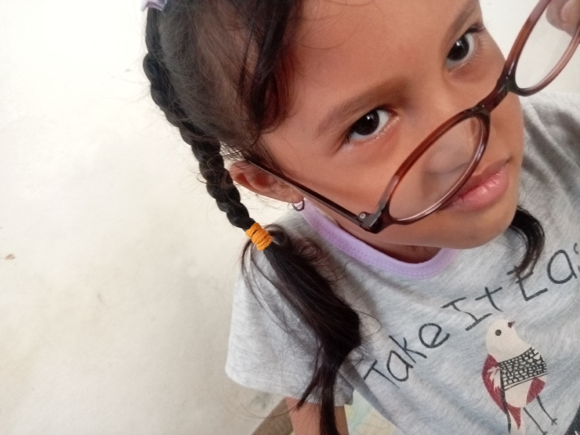 A young girl with dark braided hair and glasses is looking up at the camera. She is wearing a gray t-shirt with a bird design and the text "Take It Ea". The background is a plain, light-colored wall. The image appears to be a selfie taken indoors. There is no information in the image to suggest a specific location in Batam, Indonesia.
