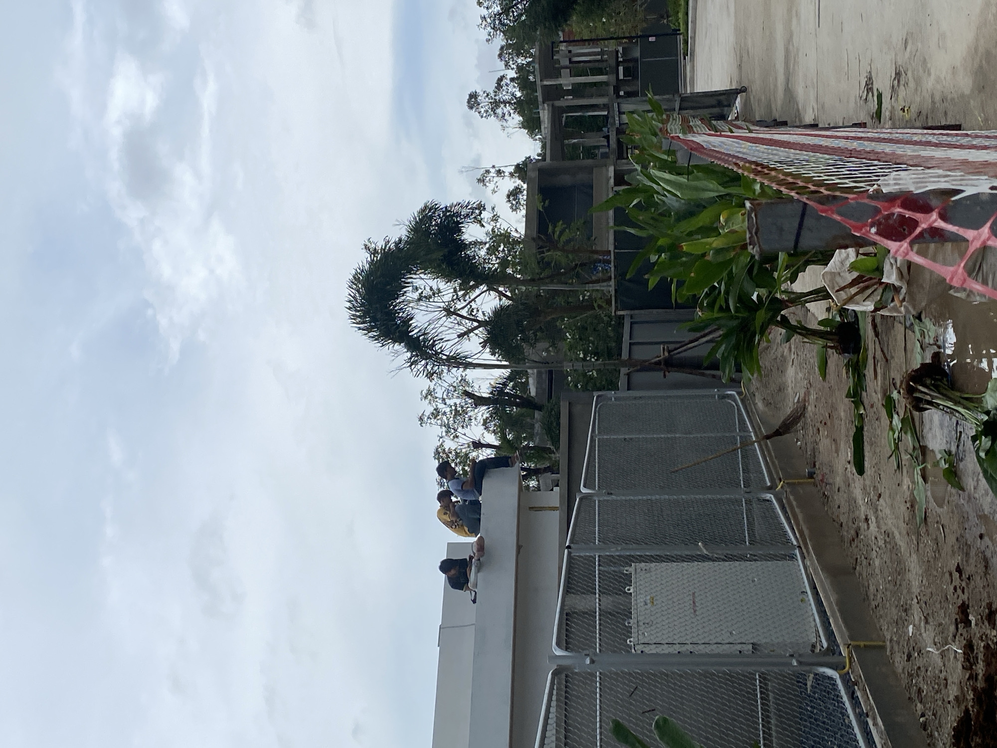 The image, taken in Choeng Thale, Thailand, depicts an outdoor scene with construction activity. Three individuals are sitting atop a white wall that is surrounded by a metal fence. Behind them is a palm tree and the unfinished frames of buildings. A red and white safety barrier is visible near foliage in the foreground. The sky is overcast with cloudy conditions.