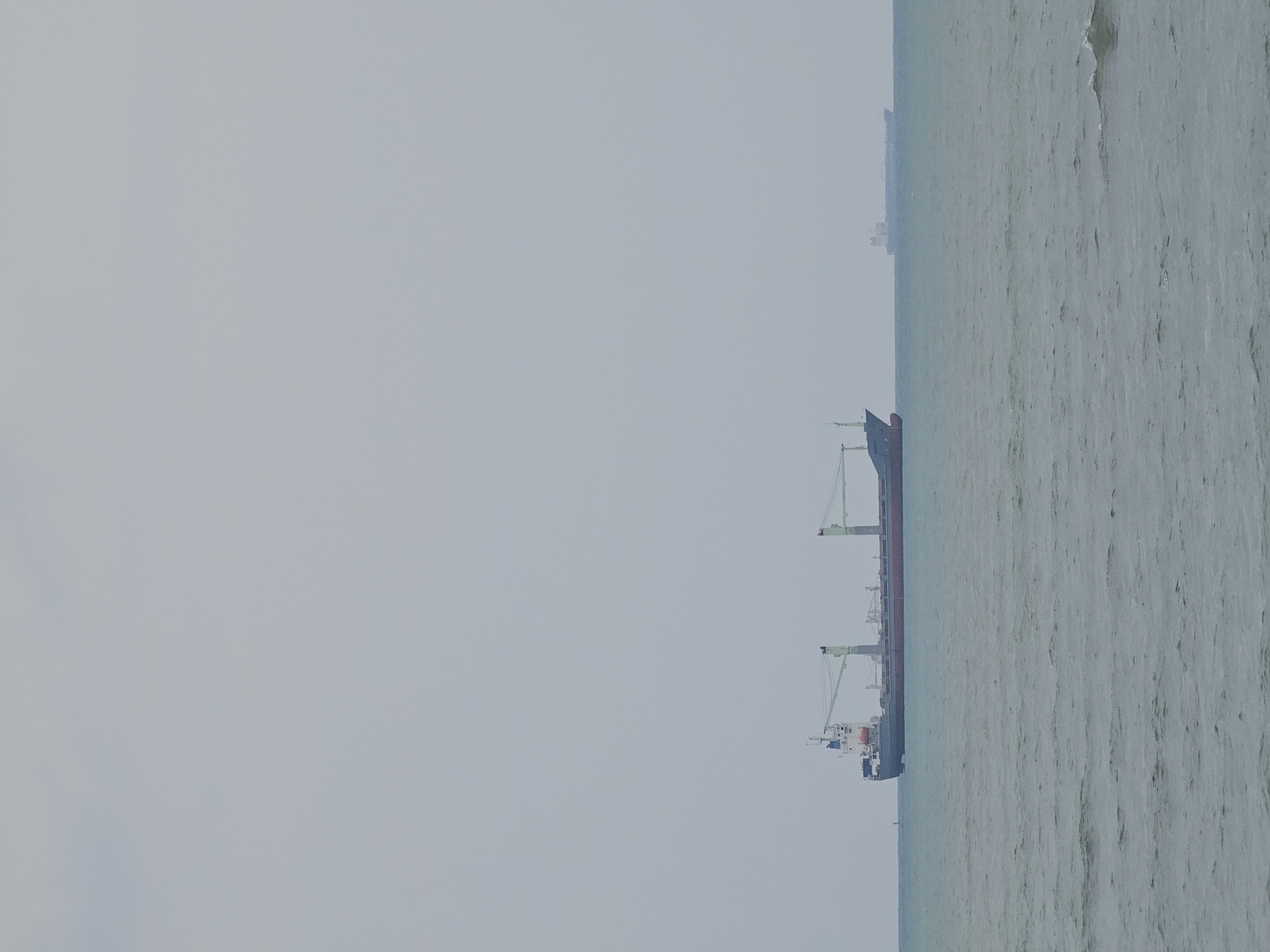 The image shows a cloudy, overcast sky over a vast expanse of the ocean. In the foreground, the sea is choppy with small waves. Two large cargo ships are visible on the horizon. The closer ship, on the left, is a bulk carrier with a dark hull and light-colored cranes. The farther ship, on the right, is also a large vessel, appearing lighter in color. The scene is devoid of any land features or human activity, suggesting an offshore location. This image could be a typical view from the coast of Dar es Salaam, Tanzania, where such cargo ships are frequently seen in the Indian Ocean.