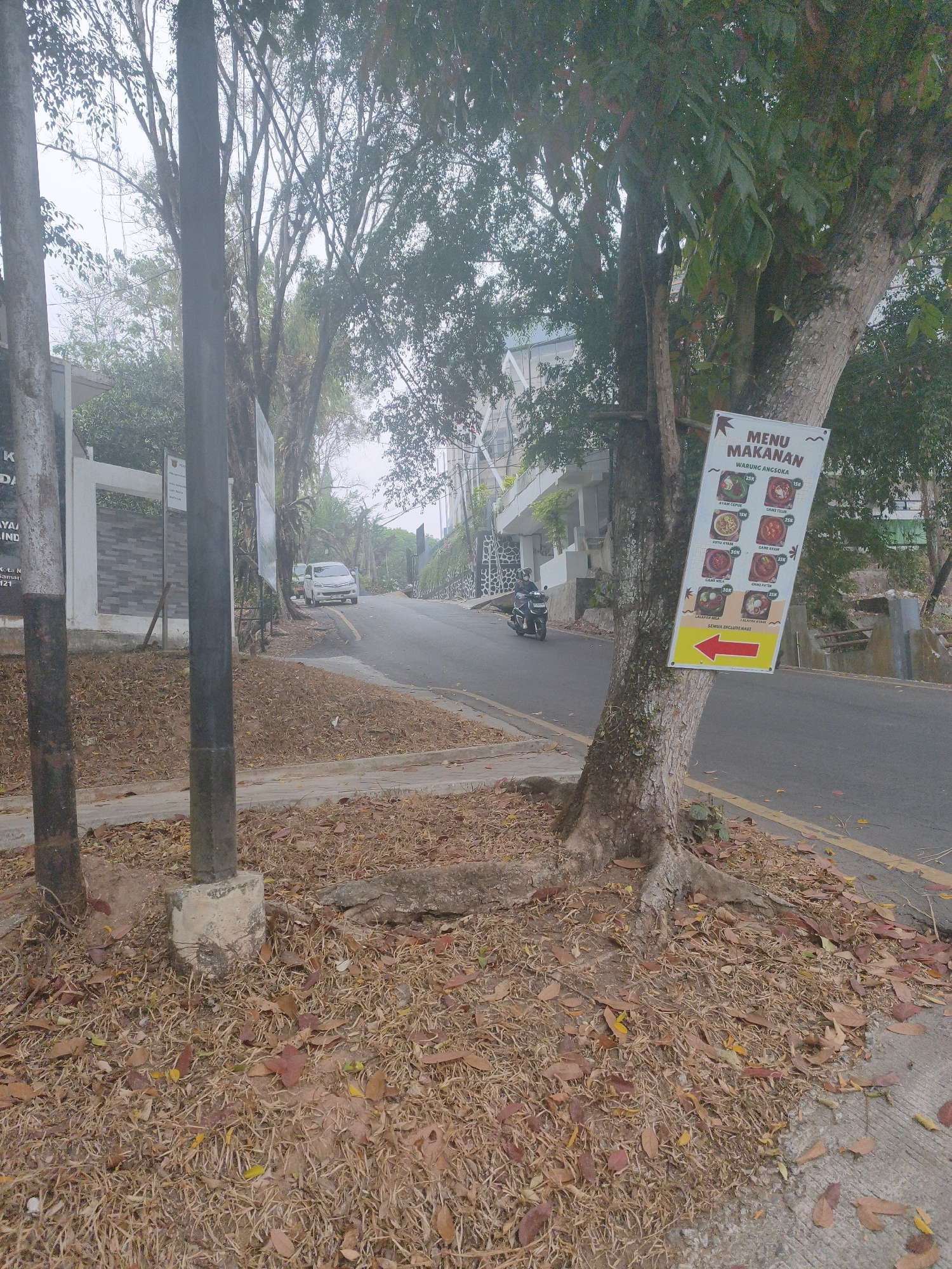 A menu board is attached to a tree on the side of a road in Samarinda, Indonesia. The menu, for "Warung Angsoka," lists several food items with their prices, including "Ayam Geprek" for 25K, "Soto Ayam" for 20K, "Cumi Bilis" for 30K, and "Cah Kangkung" for 15K. There is a yellow arrow pointing to the right below the food items. A white car is parked on the side of the road in the background, and a person on a motorcycle is driving past. The ground is covered with dry leaves and grass. The environment appears to be a slightly overcast day.