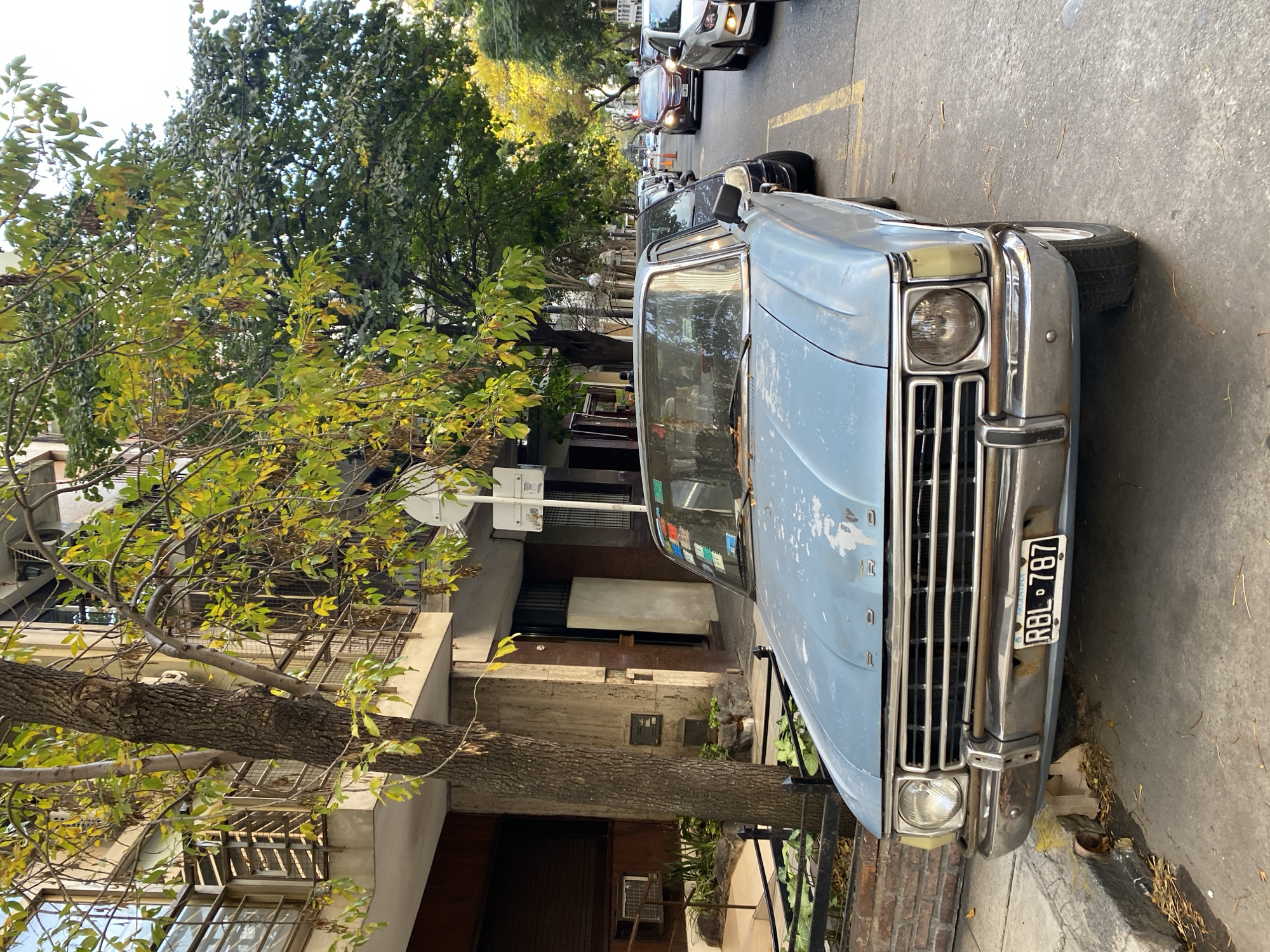 A light blue, older model Ford pickup truck is parked on a residential street in Buenos Aires, Argentina. The truck has a chrome grill and front bumper. The license plate number visible is RBL 787. A leafy tree overhangs the truck and the sidewalk. Behind the truck is a multi-story building. More cars are parked along the street further down the block. The street has a yellow painted line, indicating a parking zone. The environment appears to be a residential neighborhood.