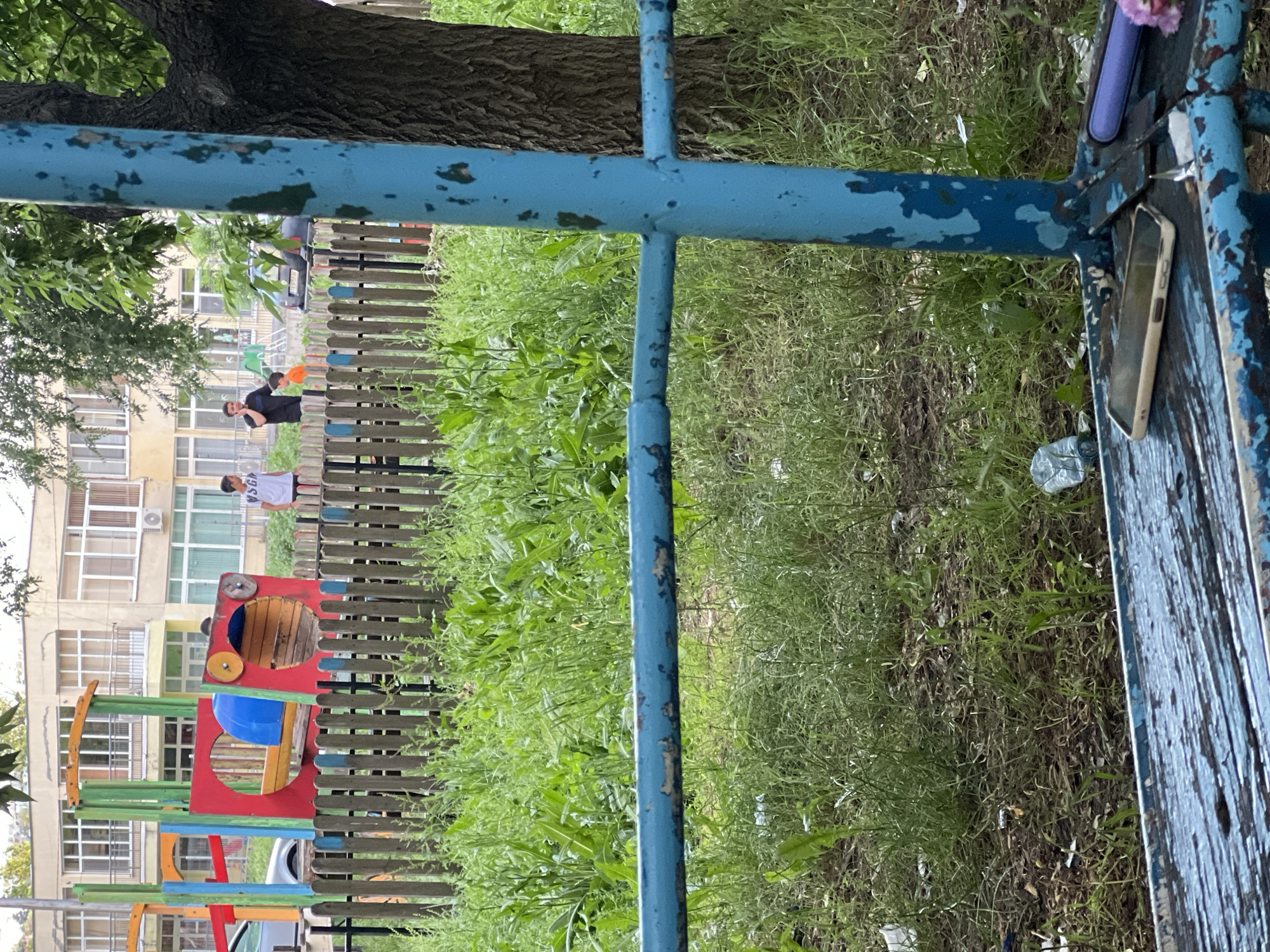 The image captures an outdoor urban scene in Dobrich, Bulgaria, under an overcast sky. In the foreground, a heavily weathered blue metal bench, exhibiting extensive paint chipping and corrosion, occupies the lower frame. A light-colored smartphone with its screen facing up rests on the bench, alongside a purple cylindrical object and a small, light-colored item. The ground beneath is a mixture of dirt and sparse grass, littered with plastic bottles and cigarette butts.
Midground elements include a strip of unkempt, tall green grass, followed by a wooden picket fence with intermittently blue-painted tops. Beyond the fence, three males are visible. On the right, a young male stands, wearing a light t-shirt (partially displaying "WSG"). In the center, a male in a dark t-shirt is engaged in conversation or gesturing with a hand near his face, partially obscuring a smaller individual in an orange t-shirt.
The background features a multi-colored children's playground with red, blue, yellow, and green structures. Behind the playground, a paved area hosts a partially visible silver car on the left and a dark-colored car in the center-right. Several multi-story residential buildings with light-colored facades, numerous windows, and balconies are present, with an air conditioning unit visible on one building. A large tree trunk is situated on the far right of the frame.