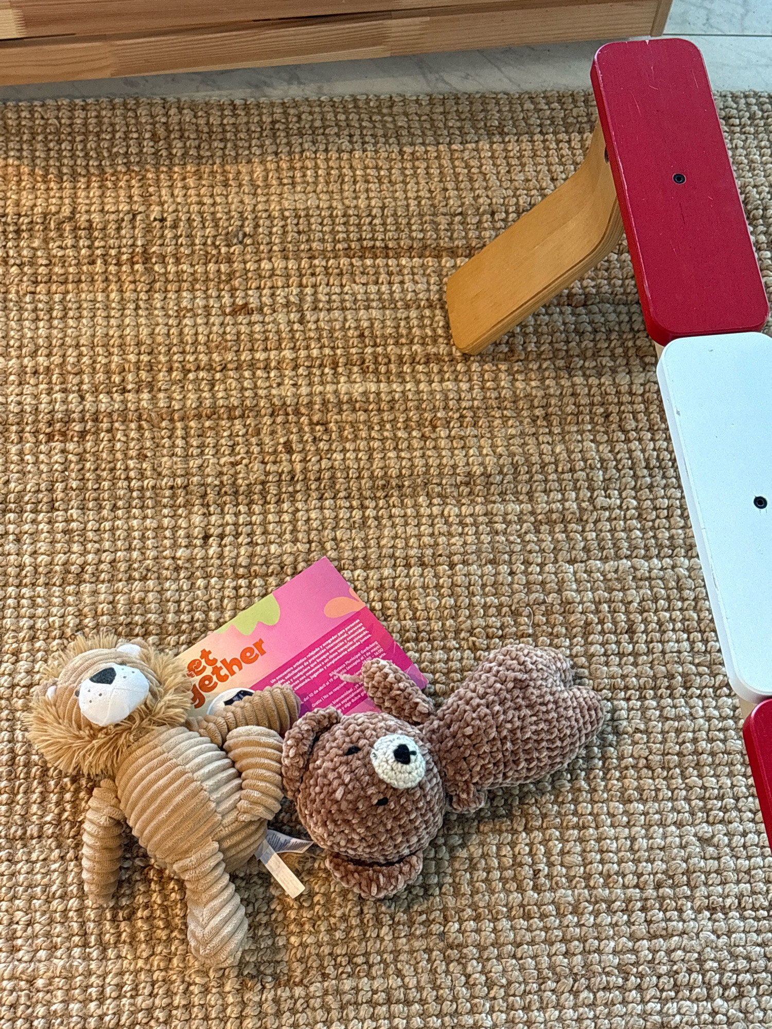 The image shows a close-up view of two stuffed animals, a lion and a bear, lying on a woven rug. A pink pamphlet with text is partially visible beneath the animals. In the background, a portion of a wooden furniture item is visible at the top, and a red and white object, possibly part of a toy or piece of furniture, is on the right side of the frame. The lighting is natural and appears to be from an overhead source. The scene is indoors, with no indication of a specific location in Reykjavik, Iceland.