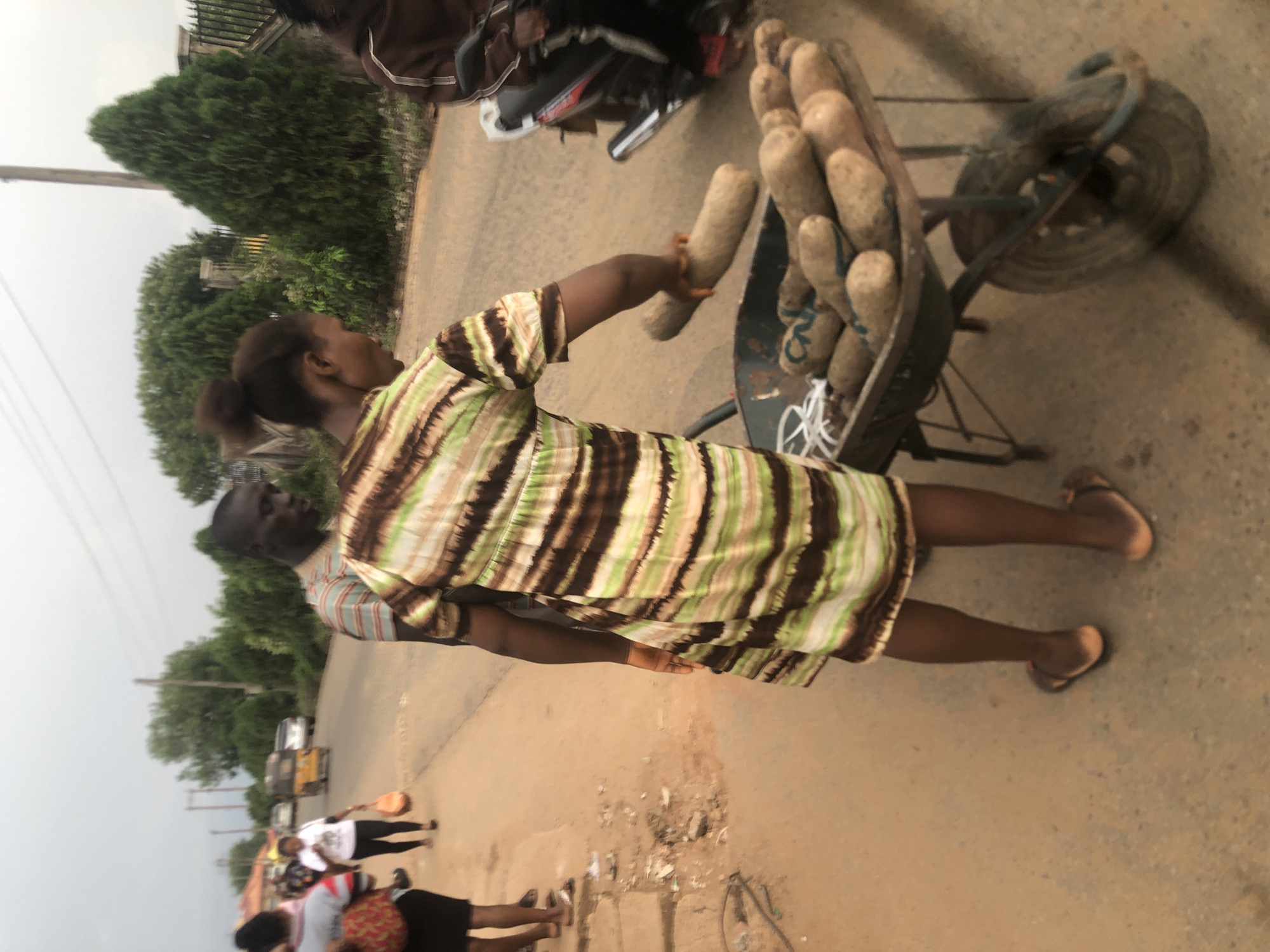 A woman wearing a striped dress and flip-flops stands on a dirt road in Nsugbe, Nigeria. She holds a large, cylindrical root vegetable, likely a yam, and appears to be loading it into a rusty wheelbarrow already filled with similar yams. A man stands beside her, partially visible in the frame. Other pedestrians walk in the distance. The road is flanked by greenery. A motorcycle is parked nearby.