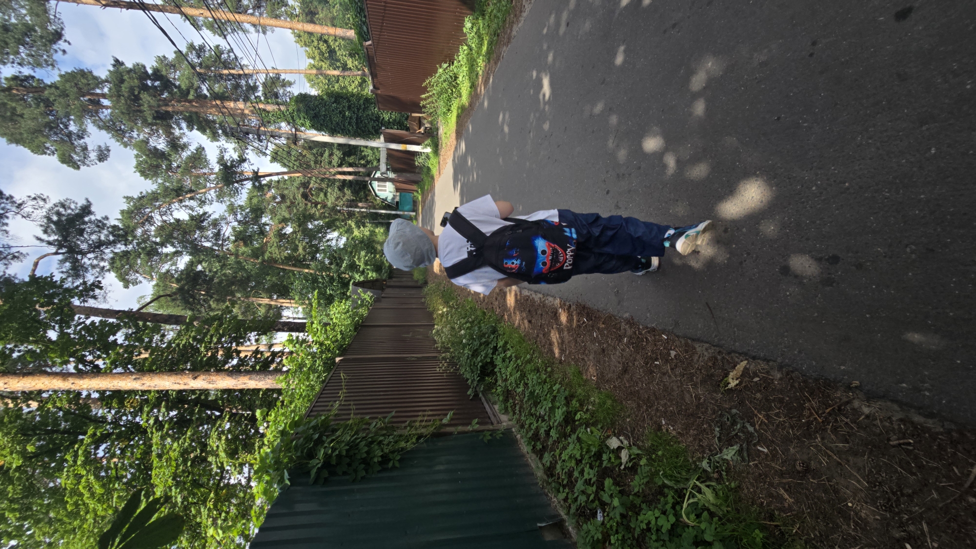 A young person wearing a white t-shirt, blue pants, a gray cap, and blue and white sneakers walks along an asphalt path. They are carrying a black backpack with a colorful graphic of a character with large, sharp teeth and red eyes, and the word "POPPY" written in red letters. The person is facing away from the camera, their body slightly angled towards the right side of the frame.
The path is bordered on the left by a corrugated metal fence, partially covered in green ivy, and further left by lush green vegetation and tall pine trees with long needles. The trees are silhouetted against a bright, overcast sky. On the right side of the path, there is a dirt and grass area with some fallen leaves and pinecones. The sunlight filters through the trees, casting dappled shadows on the asphalt. In the background, through a gap in the trees, a small light blue house with a dark roof is visible, suggesting a residential area. The overall scene depicts a casual outdoor walk, likely on a bright, possibly warm day given the light clothing and the presence of shadows. The location is identified as Il'inskiy, Russia.