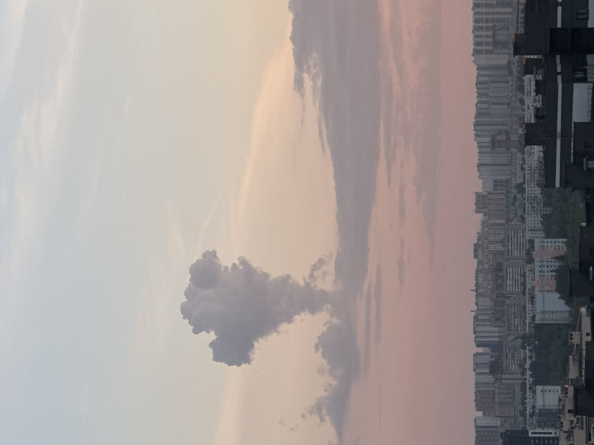 The media file shows a panoramic view of a city skyline at sunset. The scene is dominated by a mix of hazy clouds and a dense urban landscape. The clouds are predominantly in shades of grey and soft pink, suggesting the fading light of dusk. One large, dark cloud formation stands out against the lighter sky.
The city skyline is characterized by numerous high-rise buildings, densely packed together. Many of these appear to be residential apartment blocks, with visible windows and balconies. The architecture suggests a modern urban environment. Some darker, more structured buildings, possibly commercial or industrial, are also present, some with visible black panels. Greenery, likely trees, can be seen interspersed among the buildings, adding a touch of nature to the concrete jungle.
The time of day is clearly sunset, indicated by the warm, soft hues in the sky and the transition from light to shadow over the city. The atmosphere appears somewhat hazy, which could be due to atmospheric conditions or pollution. There are no visible people or explicit human activity in the frame, focusing instead on the vastness of the urban expanse and the sky above.
There is no visible text in the media file. The overall impression is one of a sprawling, busy city under a beautiful, fading sky. The orientation of the image suggests it was captured with the camera held vertically and then rotated, or that the scene itself is viewed on its side.