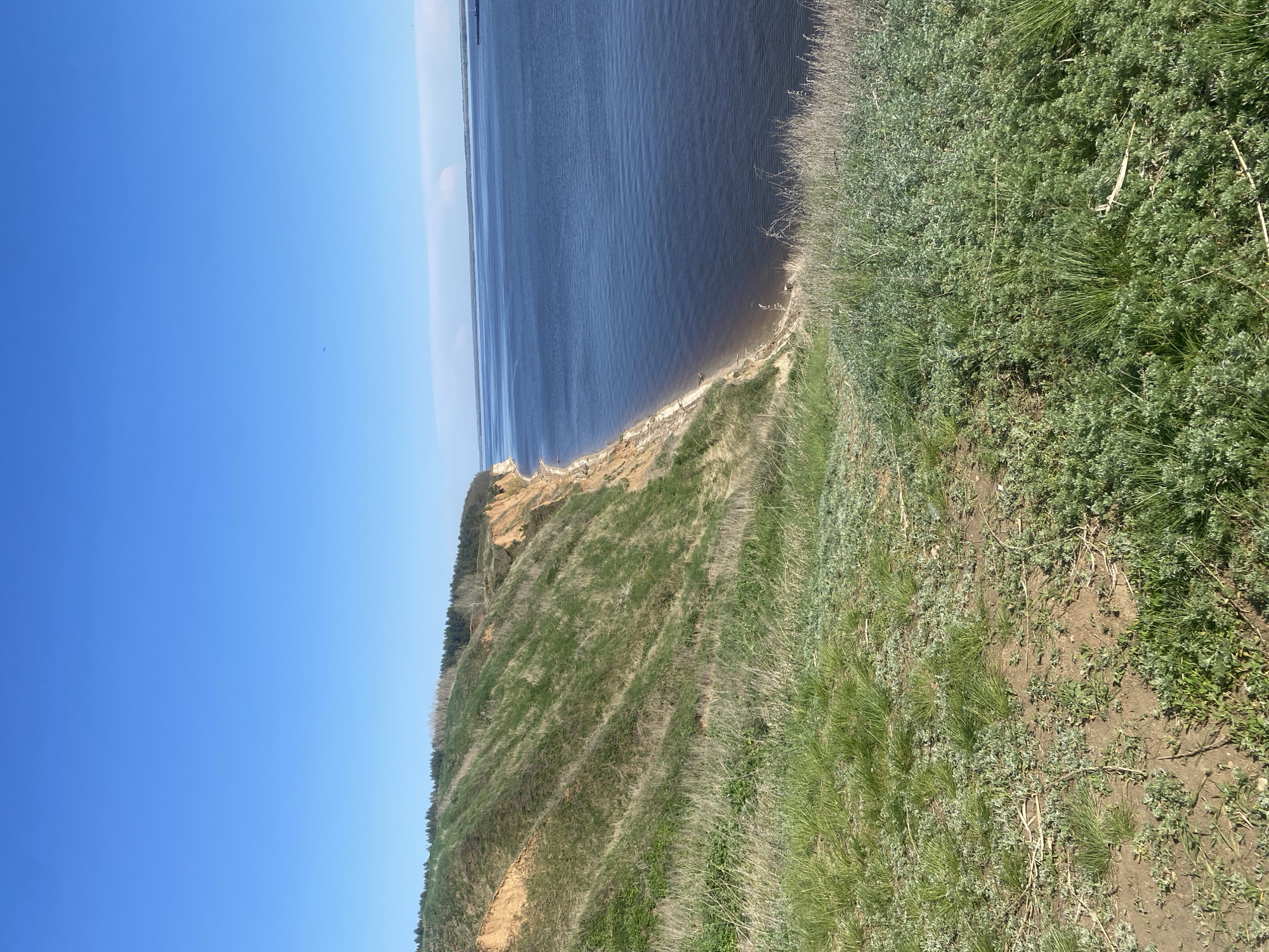 The image shows a landscape, possibly near the city of Шуран, Russia, featuring a body of water with a dark surface under a clear, bright blue sky. The camera appears to be positioned on a cliff or elevated terrain, as evidenced by the steep drop-off. The land slopes downward towards the water and is covered with green vegetation, including grass and some shrubs. Bare patches of soil are also visible. The water appears to meet a sandy or light-colored shoreline. Further back, there are possibly a few trees or a forest line. The perspective is slightly tilted. There are no visible people, interactions, or specific actions occurring.