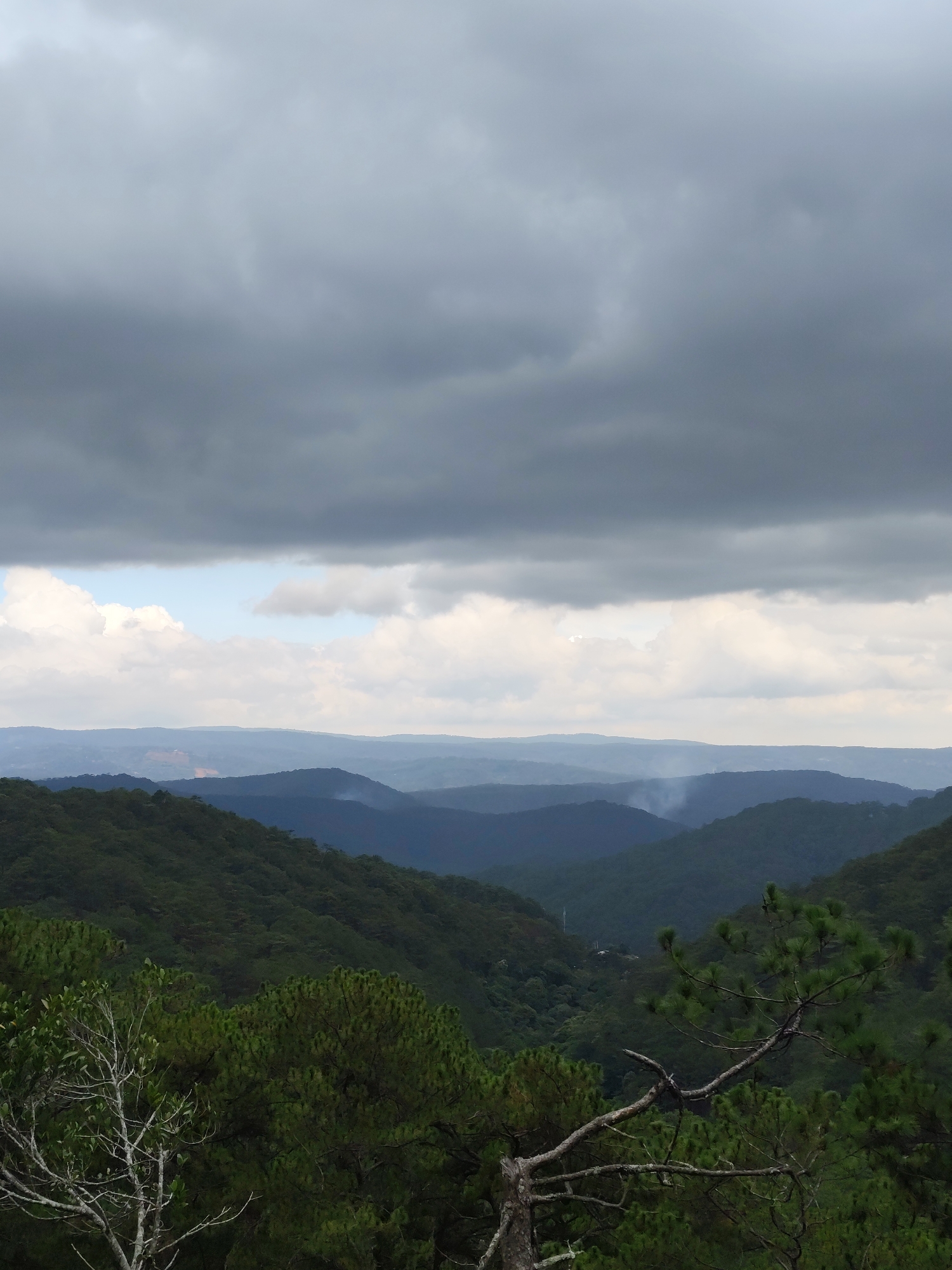 The image depicts a mountain landscape near Da Lat, Vietnam. The foreground features a dense, green forest of pine trees. Beyond the forest, a series of mountains recede into the distance, their color fading into a muted blue-gray with increasing distance. Low-lying clouds obscure the upper portions of the distant mountains. The sky is overcast with dark, heavy storm clouds dominating the upper portion of the image. Between the storm clouds and mountains is a sliver of lighter clouds with hints of blue sky. In the middle ground, smoke is seen ascending from the middle of the mountains.