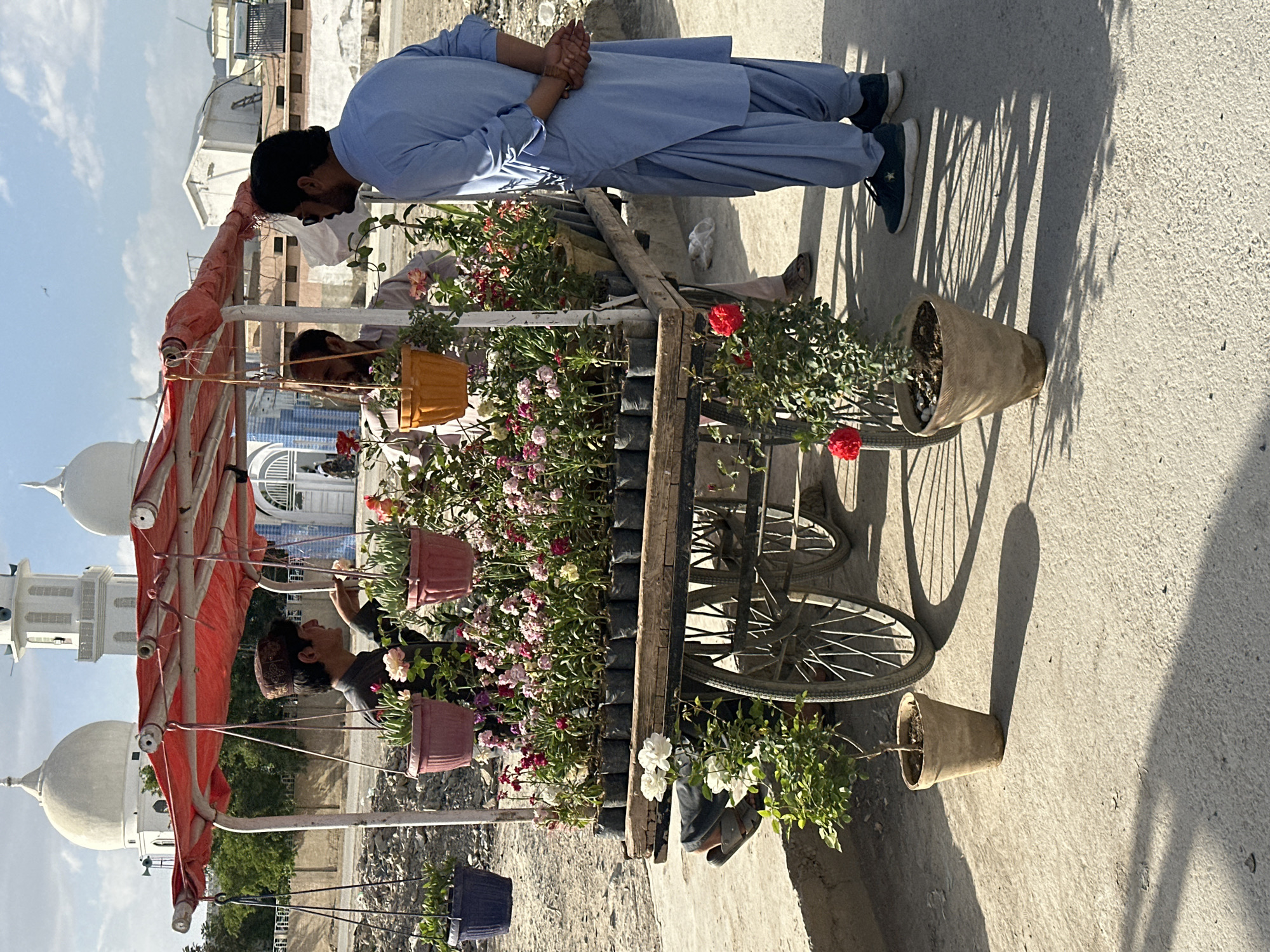 The image depicts a flower cart in Quetta City Tehsil, Pakistan, viewed from a slightly elevated position on a sunny day. The cart is laden with potted plants, including roses and other flowering varieties. The cart is being tended to by a man wearing a light blue shalwar kameez, with his hands clasped behind his back, and two other men, one wearing a traditional cap, are also visible around the cart and its plants. The cart has a red awning. The setting appears to be near a mosque with distinctive white domes and a minaret, adding context to the location. The ground is a concrete surface, with the cart's shadow visible on the ground, indicating a bright, sunlit environment.