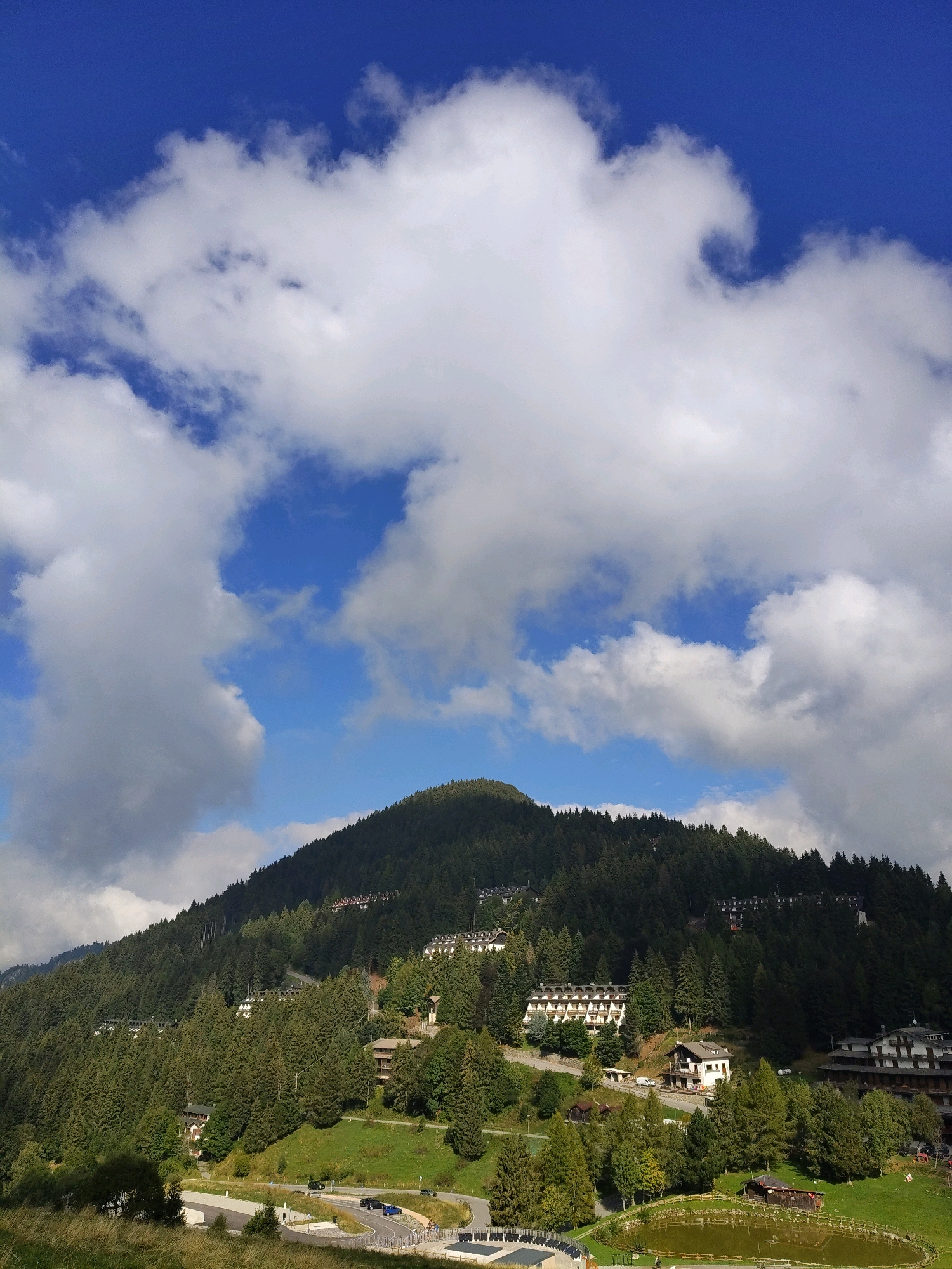 An elevated, eye-level, medium shot captures a vast, verdant mountain slope teeming with a dense forest of pine trees. Scattered throughout the trees are numerous white buildings, some appearing to be hotels or resorts, with multiple levels and balconies. A winding road is visible in the foreground, with a few cars driving on it. To the right, a small pond with a wooden fence surrounds it. The sky above is a brilliant blue, dotted with large, fluffy white clouds. The scene suggests a serene mountain landscape with human habitation. The location is Unknown, Unknown.