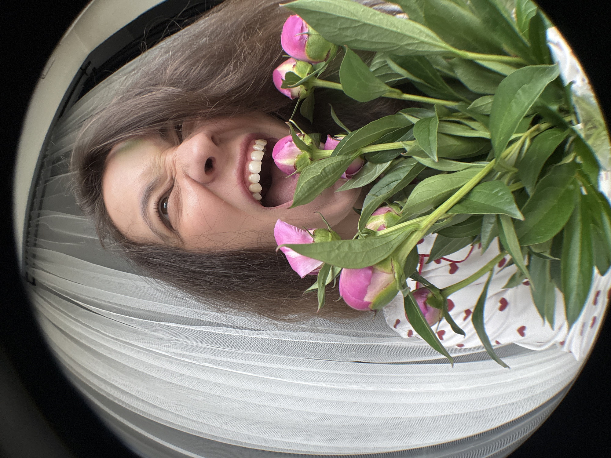 A distorted fisheye-lens photograph captures a woman holding a bouquet of pink peony buds. She is fair-skinned with light brown hair and is wearing a white shirt patterned with small red hearts. The woman is laughing, with her mouth open and teeth visible. The background consists of a white pleated fabric. The location, Chaikovsky, Russia, cannot be independently verified from the provided visual information.