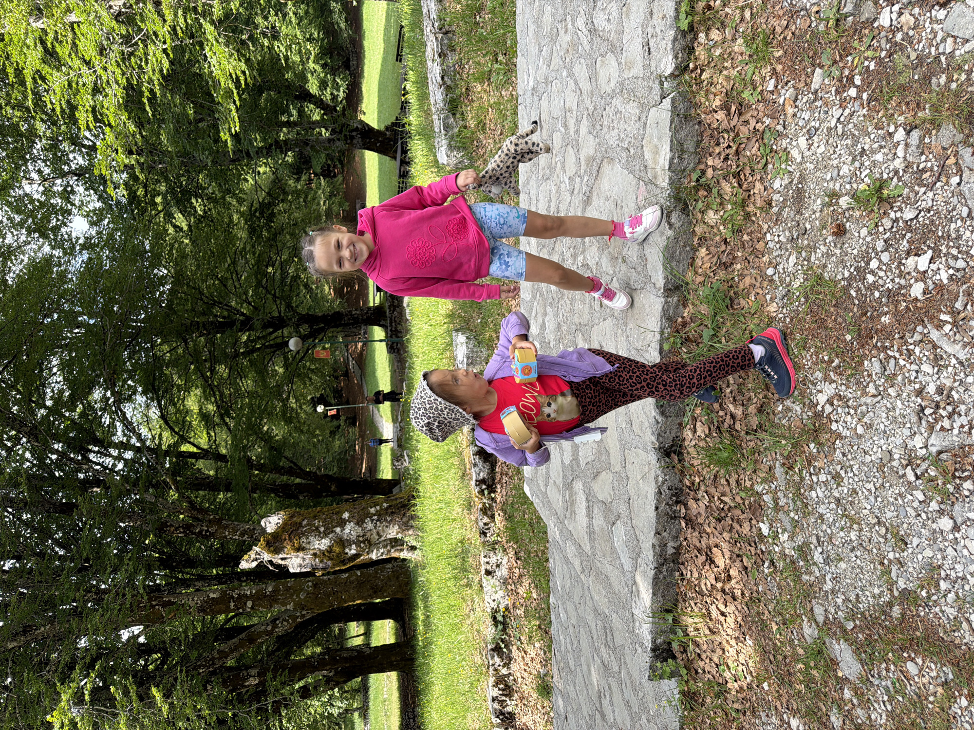 Two young girls are captured standing outdoors on a sunny day in what appears to be a park-like setting in Mali Bostur, Montenegro. Both girls are smiling at the camera, conveying a sense of happiness.
The girl on the left, with her hair in pigtails, is wearing a bright pink hooded sweatshirt with a floral design, light blue patterned shorts, and pink and white athletic shoes with pink socks. She holds a spotted stuffed animal, resembling a leopard or cheetah, in her right hand.
The girl on the right is dressed in a red t-shirt featuring a cat's face and the partially visible text "MOW" (likely part of "MEOW"). She wears a purple jacket over her t-shirt, leopard print leggings, dark athletic shoes with pink accents, and a matching leopard print headscarf or bandana. She is holding small, colorful toys, possibly building blocks.
They are standing on a light-colored stone path, which runs alongside a strip of gravel and dry leaves. Beyond the path, lush green grass and numerous large trees with thick, leafy canopies dominate the background, suggesting a verdant outdoor environment. The lighting indicates it is daytime with clear weather.