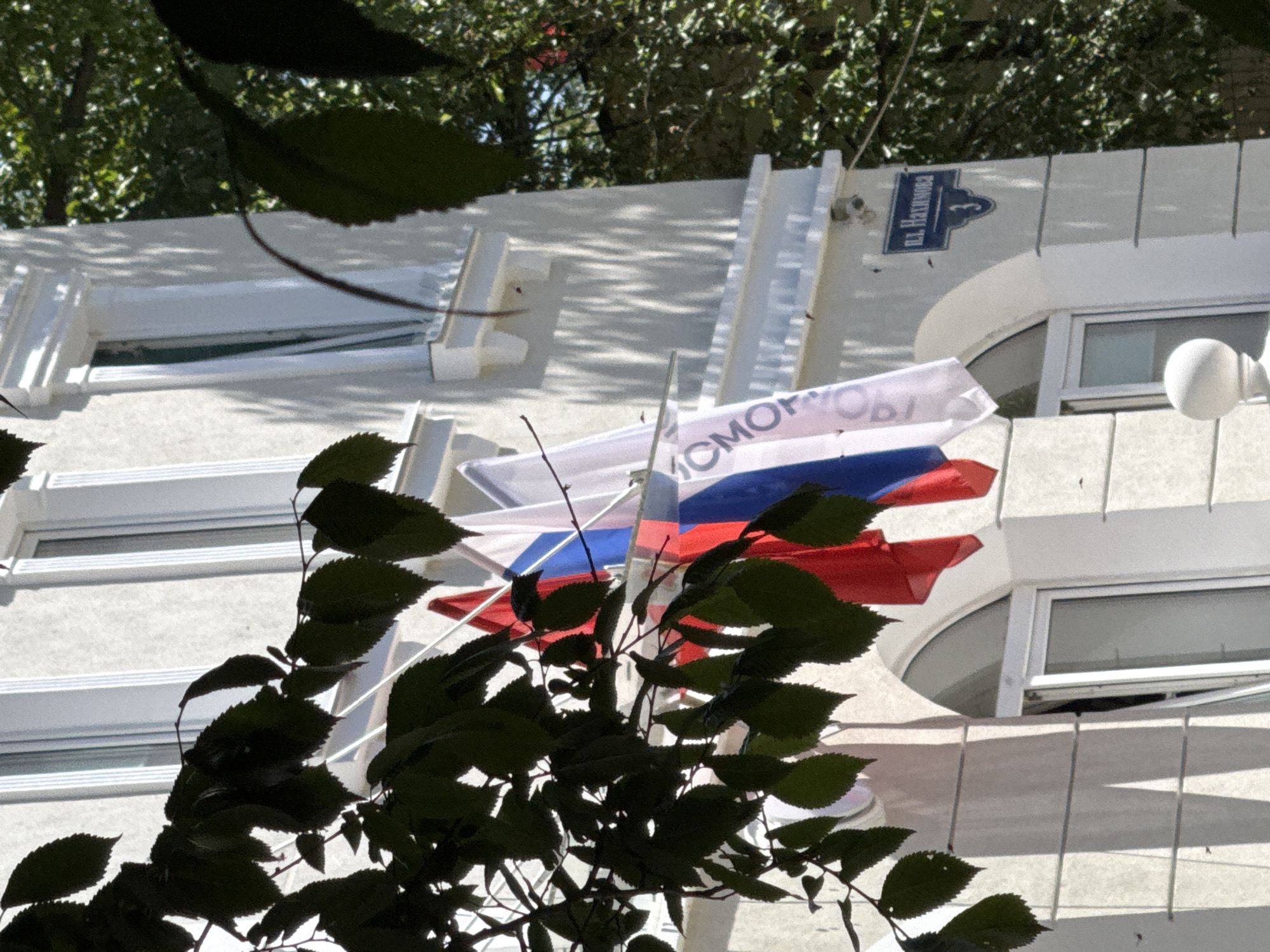 A low-angle outdoor shot captures a light-colored building with dark green leaves in the foreground, obscuring part of the scene. Several flags are displayed on the building's facade, including what appear to be Russian flags with white, blue, and red colors. One white flag with black lettering is partially visible. A street sign with Cyrillic script and the number "3" is affixed to the building. Shadows from trees create dappled patterns on the building's surface. The building features arched windows and decorative architectural elements.