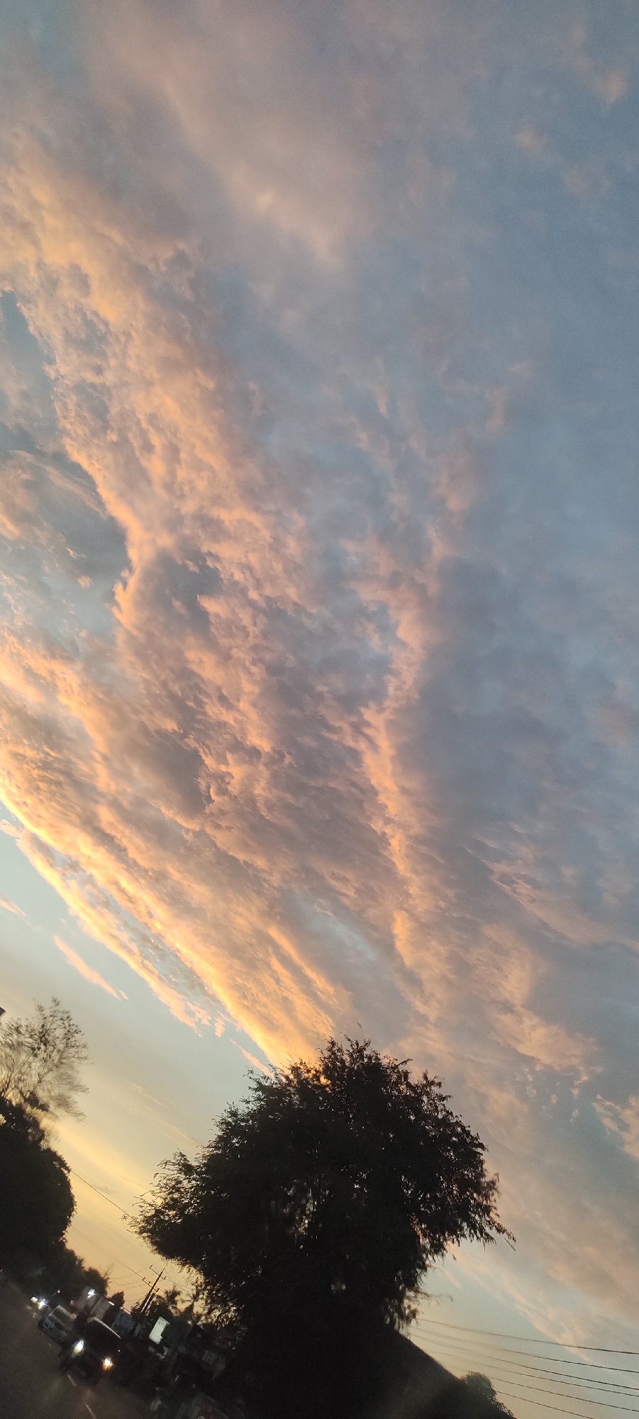 The image shows a sunset sky with striated clouds colored in hues of orange and gray. A dark tree stands in the foreground, silhouetted against the bright sky. Below the tree, there is a road with visible cars. Power lines also run across the lower right corner of the image. The location appears to be a city, based on the road and cars, and the question mentioned the city of Keudeteupinpunti, Indonesia. Therefore, it is plausible the image was taken there.