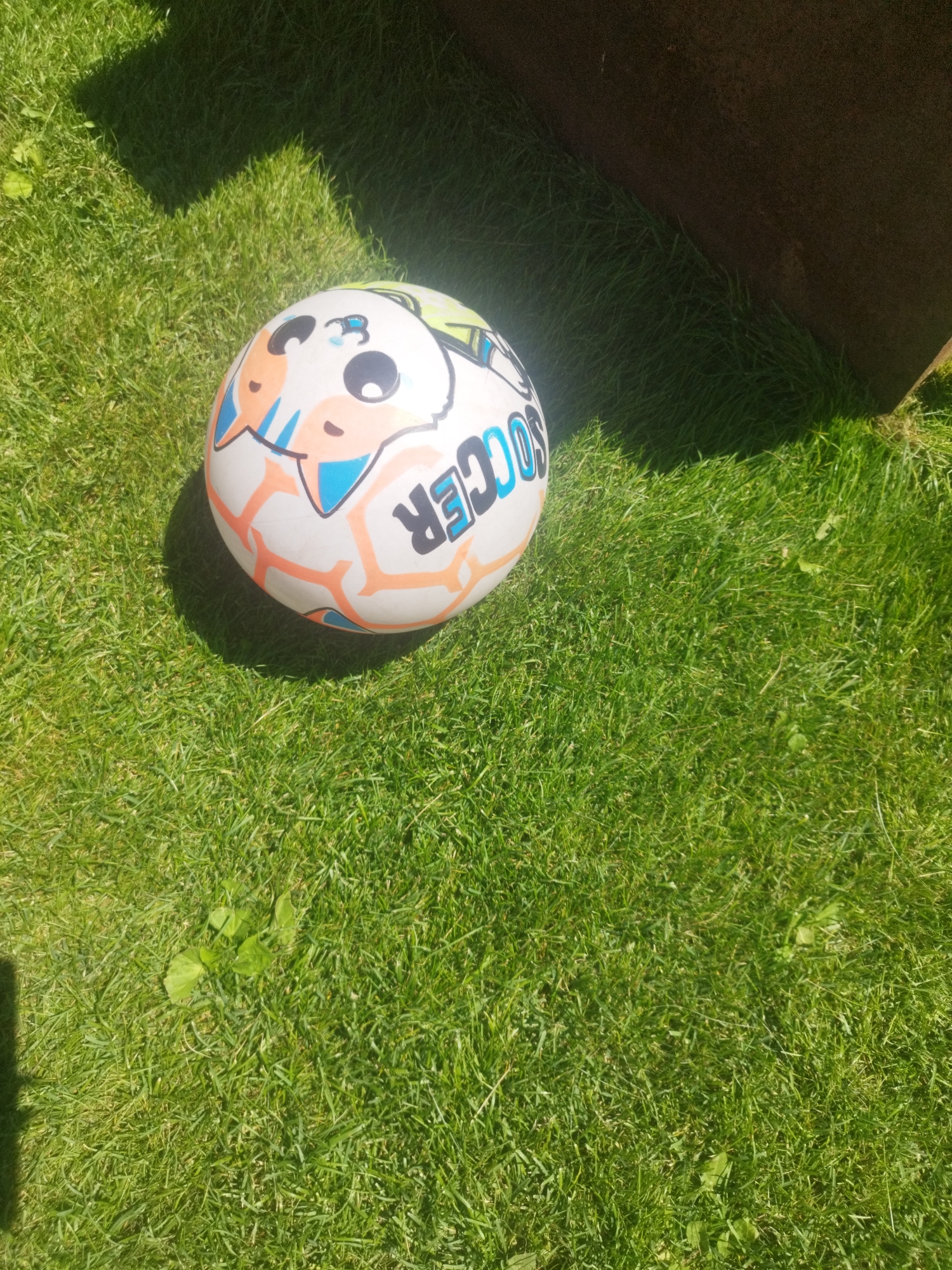 A white soccer ball with a cartoon character design and the word "SOCCER" printed in blue and white is placed on a bright green, well-maintained lawn. The ball is casting a shadow to its left. In the upper left portion of the image, a dark shadow suggests an overhead object, possibly a tree or structure. In the upper right, a dark, textured surface, likely a wooden or metal object, is partially visible. The scene appears to be an outdoor area in Oskemen, Kazakhstan, on a sunny day.