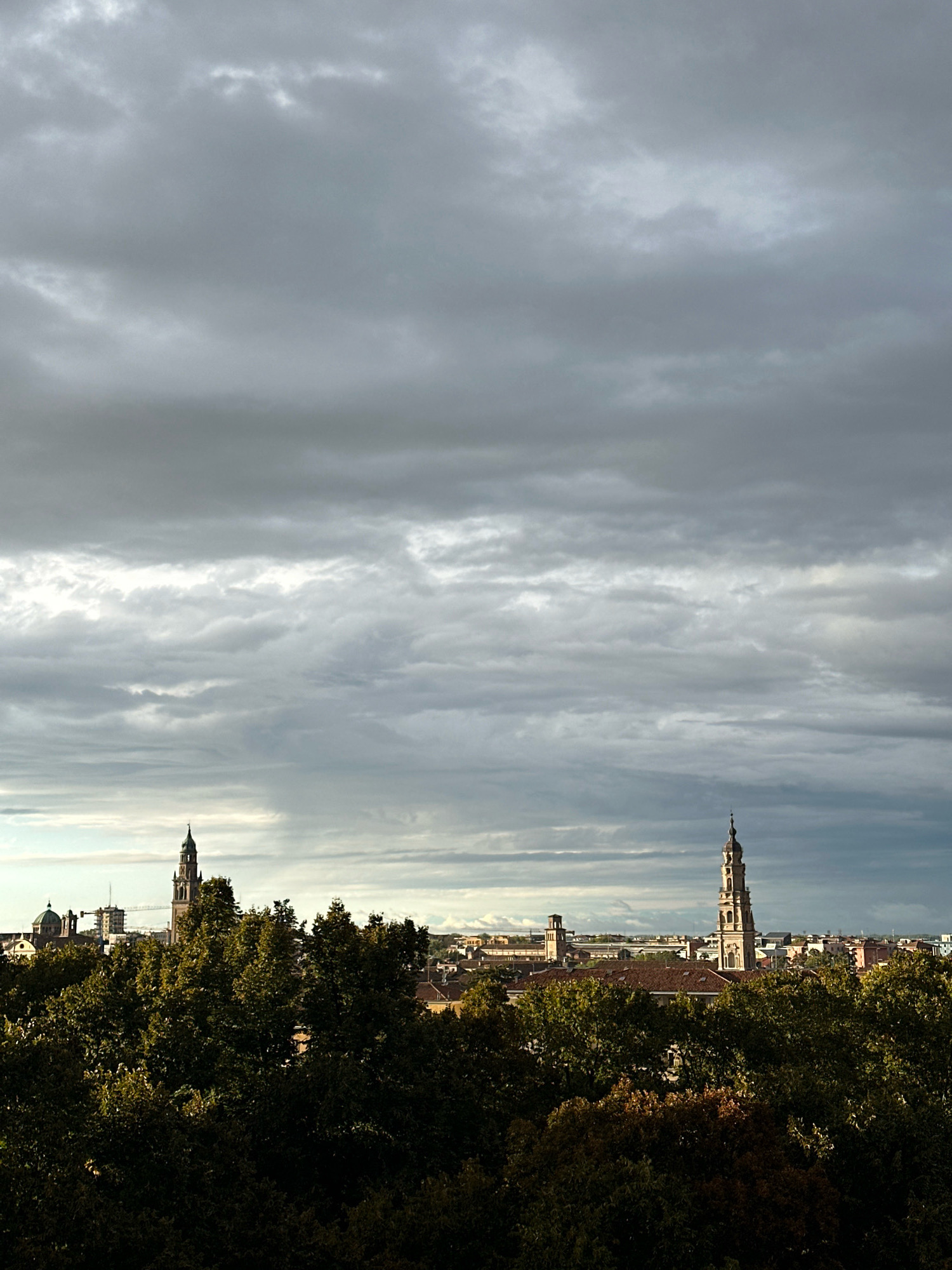 A wide shot captures a panoramic view of Parma, Italy, under a dramatic, cloudy sky. In the foreground, dense, dark green trees dominate the lower half of the image, their leaves creating a rich tapestry of texture and shadow. Through a break in the foliage, the cityscape of Parma unfolds.
Prominent architectural landmarks punctuate the skyline. To the left, a green-domed building, likely a church or cathedral, is partially visible. Further to the right, a tall, slender bell tower with a pointed spire rises majestically, its intricate stonework catching the diffused light. Another, shorter tower with a similar architectural style stands to its left. Buildings with terracotta tiled roofs are interspersed throughout the urban landscape. The background hints at distant hills or mountains, softened by atmospheric haze. The overall impression is one of a historic European city viewed from an elevated position, with nature's dominance in the foreground contrasting with the man-made structures behind.