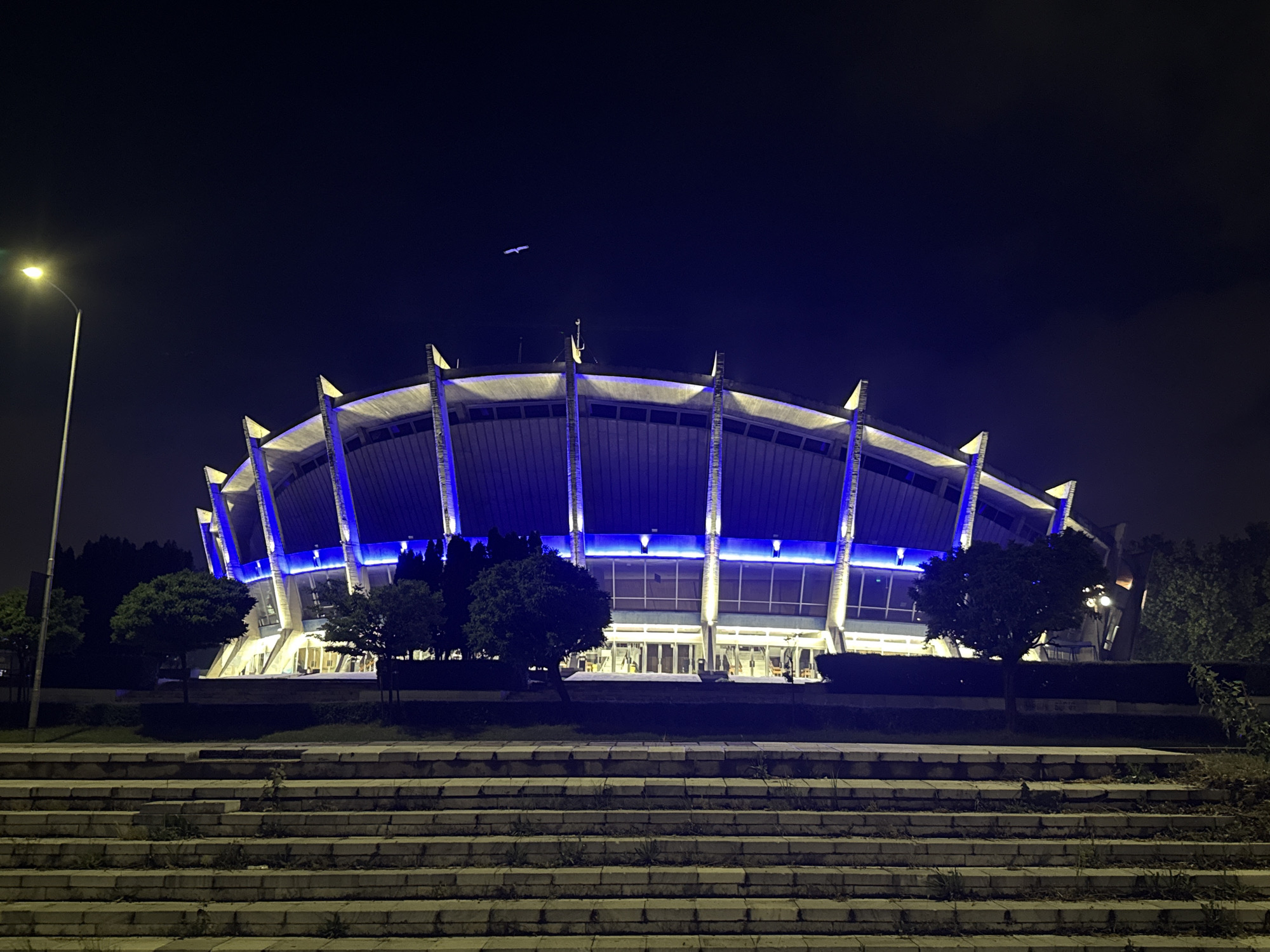 The image captures a large, modern building at night, illuminated predominantly by blue lights. The building, likely a stadium or arena, features a distinctive architectural design with a curved, possibly circular or oval, structure. Prominent vertical supports or columns extend upwards, defining its silhouette, and these, along with horizontal bands along the building's facade, are brightly lit with electric blue strip lighting. Warmer, yellow-toned lights illuminate the entrance areas and parts of the lower structure.
In the foreground, a wide set of concrete or stone stairs leads up towards the building. These stairs appear somewhat weathered, with small patches of weeds growing between the steps. Several trees and shrubs are scattered around the base of the building and along the sides of the stairs, adding natural elements to the scene. On the far left of the frame, a bright street lamp with a yellow glow is visible.
The sky is dark, indicating it is nighttime. A small, light-colored object, possibly a bird or a distant aircraft, can be seen in the upper-left portion of the dark sky. No people are visible, and no specific activity or event is taking place. The overall impression is one of a grand, modern public venue dramatically lit against the night sky. There is no visible text in the image to identify the location.