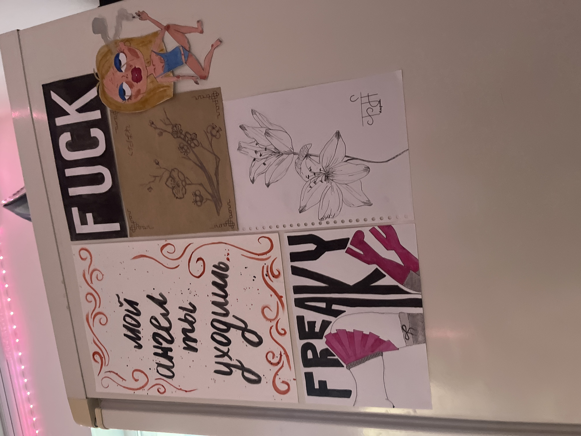The image shows a section of a white refrigerator. Affixed to the refrigerator, from left to right and top to bottom, are the following items: a sticker of a cartoonish woman with blonde hair, a blue swimsuit, and a cigarette; a black rectangle with the word "FUCK" in large, white capital letters; a drawing of a flowering branch on brown paper; a drawing of two lilies on white paper; a drawing with Russian script in stylized lettering, and a drawing with a stylized drawing including stockinged legs, high heels and the word "Freaky". It's not possible to tell from this image that the location is the city of Saint Petersburg, Russia.