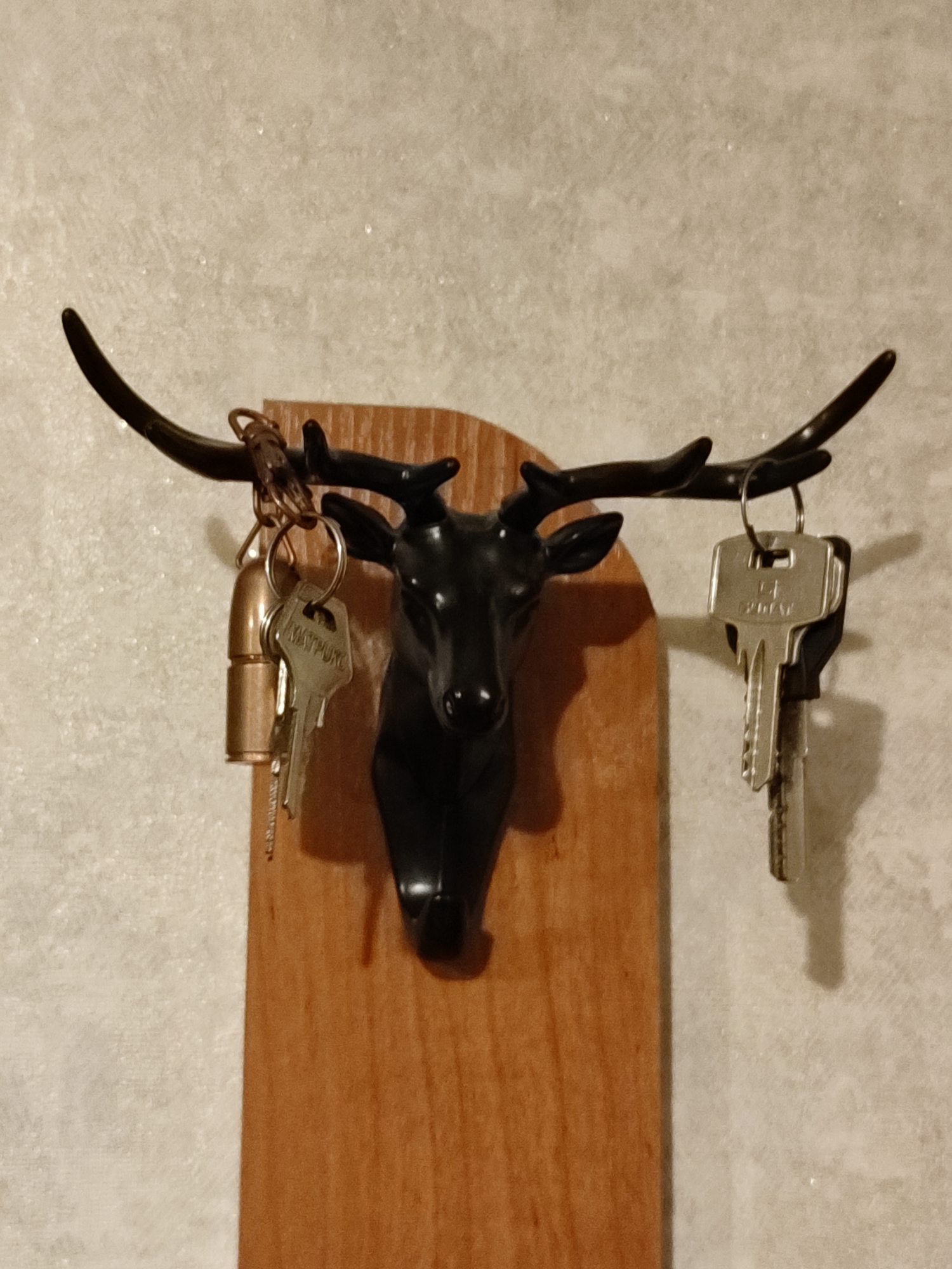 A wall-mounted deer head key hook, made of black resin, is the central subject of the image. The deer head is attached to a light-colored, textured wall. Two sets of keys are hanging from the deer's antlers. The left antler holds a single key and a brass-colored cylindrical object, possibly a casing. The right antler holds two silver-colored keys. The key hook itself is mounted on a rectangular wooden plaque, which is affixed to the wall. The lighting in the scene is dim, casting shadows on the wall behind the deer head. The overall impression is of a functional decorative item in an indoor setting. There are no people or animals visible in the image. The location is not specified in the image, and therefore its presence in Abinsk, Russia, is not ascertainable.