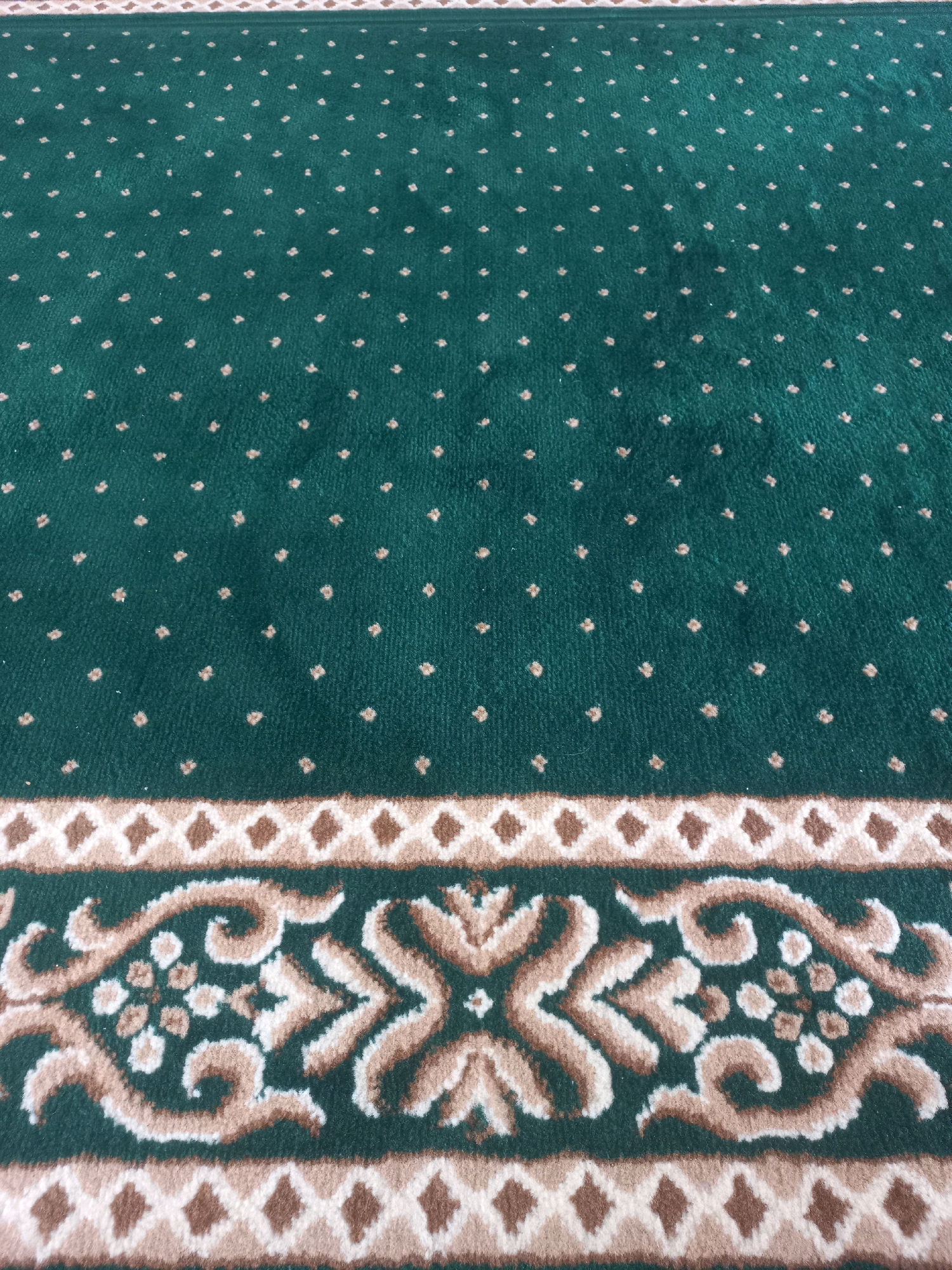 The image shows a close-up, angled view of a green carpet with a repeating pattern of small, light-colored floral motifs. A decorative border runs across the lower portion of the image, featuring an intricate design of swirling brown and white lines interspersed with small clusters of white dots, all set against the green carpet. The carpet appears to be made of a soft, plush material. The location is identified as Nguntoronadi, Indonesia. There are no people or animals visible in the image.