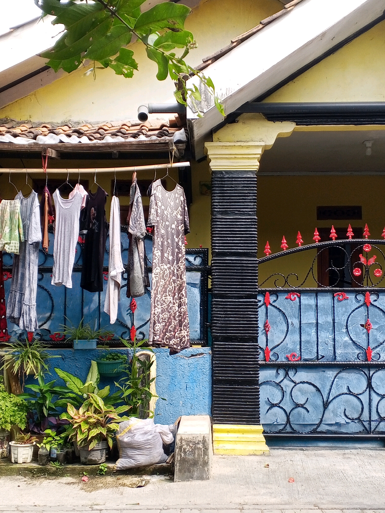 This image captures a domestic scene in Ciruas, Indonesia, with laundry hanging on a clothesline in front of a house. The house has a yellow facade and a tiled roof. A blue metal gate with red floral accents and decorative scrollwork stands to the right of the clothesline. Various potted plants, including leafy green varieties and a plant with reddish-pink leaves, are arranged in front of a textured blue wall. A large white plastic bag is placed on the ground near the plants. A concrete pillar with black horizontal grooving supports an overhang. Sunlight casts shadows on the ground, suggesting it is daytime. The overall impression is one of everyday life in a residential area.