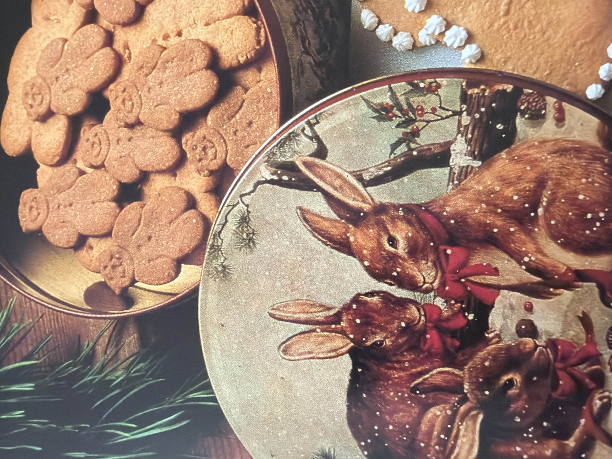 A close-up shot shows a vintage tin filled with gingerbread cookies shaped like teddy bears. The tin is partially obscured by a round, decorated tin featuring a painted scene of three brown rabbits in a snowy forest setting, adorned with red bows. A sprig of dark green pine needles rests on the left side of the image, against a dark wooden background. To the right, a portion of a gingerbread cookie decorated with white icing dots is visible. The image is focused on the tins and cookies, with the background out of focus. There are no people or animals present in the scene. The location is Unknown, Unknown.