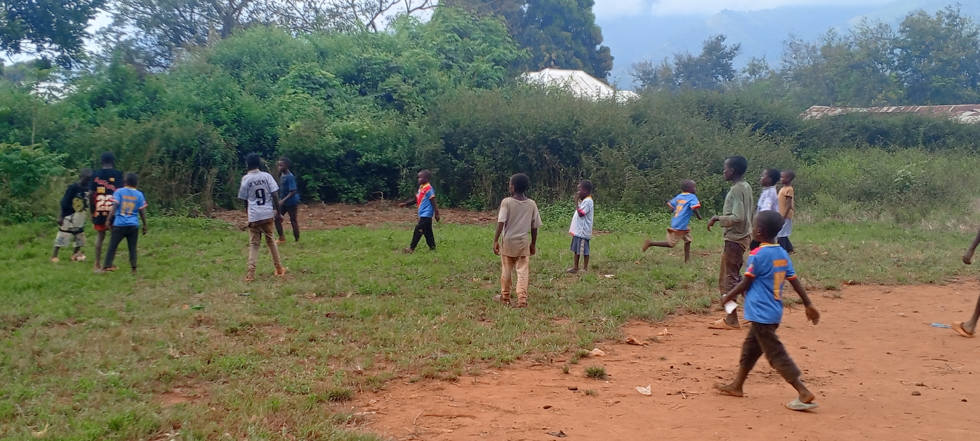 A group of children are playing in a grassy area in Ngalula, Democratic Republic of the Congo. Some children wear mismatched shirts, and one wears a jersey with the number 9 on the back. Most of the children are barefoot. Green trees and shrubs surround the area. In the background are mountains.
