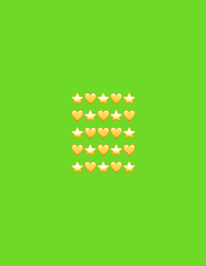 The image displays a grid of yellow star and heart emojis against a bright green background. There are five rows and five columns of emojis, with a repeating pattern of star, heart, star, heart, star in each row. The emojis are centered vertically and horizontally within the frame, with a significant amount of green space surrounding them. The background is a solid, uniform green color, suggesting a digital or graphic design context rather than a real-world scene. There are no people, specific locations in Tbilisi, Georgia, or any discernible actions or interactions depicted.