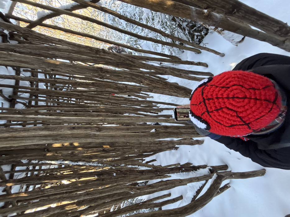 An overhead, rear-perspective image shows a person wearing a red knitted hat, styled as Spider-Man's mask with black web lines and white eye sections, holding a black smartphone vertically with both hands. The phone's screen displays a narrow, vertical view of the immediate environment. The person is clad in a dark jacket and a patterned scarf. They are positioned amidst a dense, irregular arrangement of slender, light brown wooden poles or tree trunks rising from a deep, undisturbed layer of white snow. Snow adheres to several of these vertical elements. Sunlight filters through the gaps in the wooden structure, illuminating sections of the scene and casting shadows. In the background, partially obscured by the wooden poles, two additional figures are visible: one on the right in camouflage or patterned clothing, and another on the left in a lighter-colored jacket. The scene depicts an outdoor, snow-covered landscape, consistent with a winter environment in Kol'tsovo, Russia.