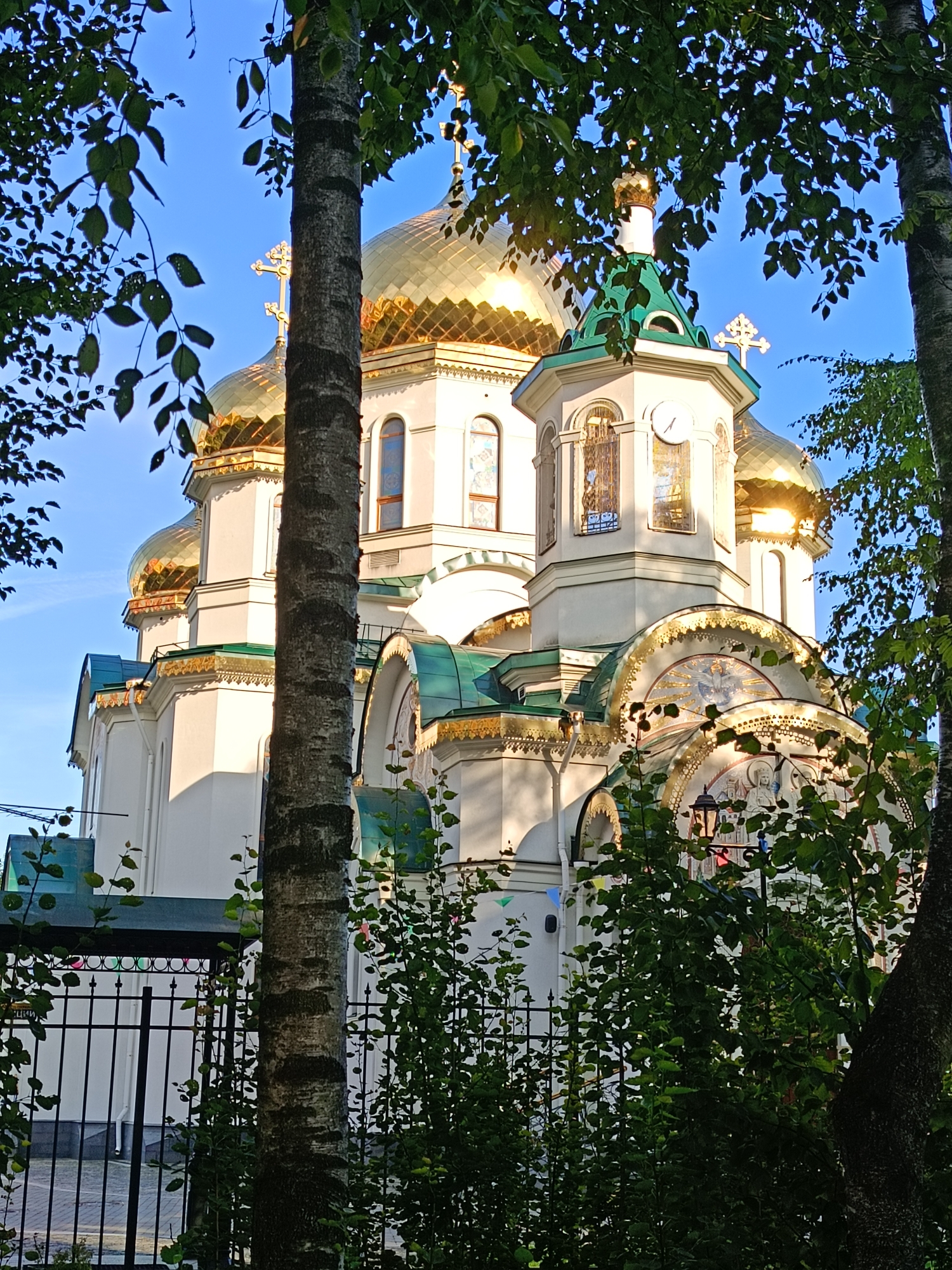 This is an outdoor, eye-level shot of the Holy Trinity Cathedral in Saint Petersburg, Russia, partially obscured by trees and foliage in the foreground. The cathedral is a white building with multiple gold-domed roofs and a green tiled spire, topped with gold crosses. The building features arched windows and intricate gold detailing along the rooflines. Sunlight reflects off the golden domes. A black metal fence runs across the lower part of the image, and the sky is clear blue.
