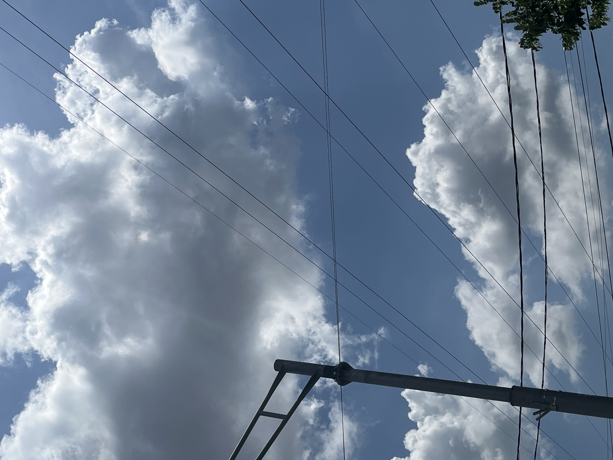 The image presents a view of the sky with clouds and power lines. The sky is blue, with large white and gray cumulonimbus clouds occupying a significant portion of the frame. Numerous power lines are visible, crisscrossing the sky at various angles. In the foreground, part of a gray utility pole or structure is visible, including a support bracket. The overall environment suggests an urban or suburban setting, with no clear indications of people or specific actions taking place.
The location in Krasnodar, Russia cannot be conclusively determined from this image.