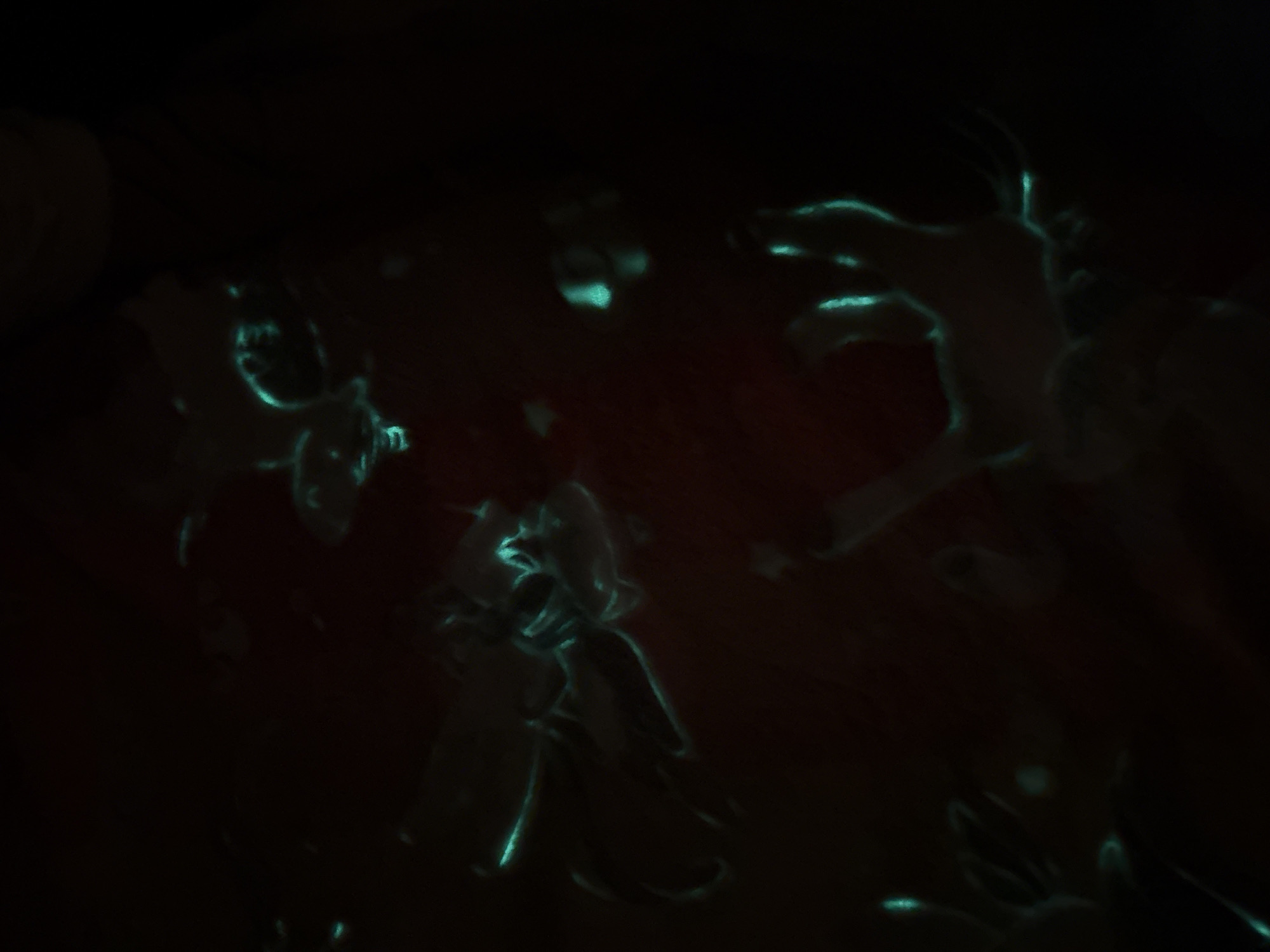 The image displays a dark, reddish-brown surface against an almost black background, illuminated by multiple glowing, aqua-blue patterns. These patterns predominantly depict outlines resembling human handprints and possibly footprints. Distinct shapes of fingers and palms are visible, particularly in the upper-left and lower-right portions of the frame, indicating where a luminous substance has been applied or transferred onto the dark surface. There are also several less defined, elongated glowing marks. No individuals are visible. The scene is devoid of other discernible objects or contextual elements that could provide specific spatial or environmental information. Based solely on the visual evidence, the exact location within the city of Saint Petersburg, Russia, cannot be determined.