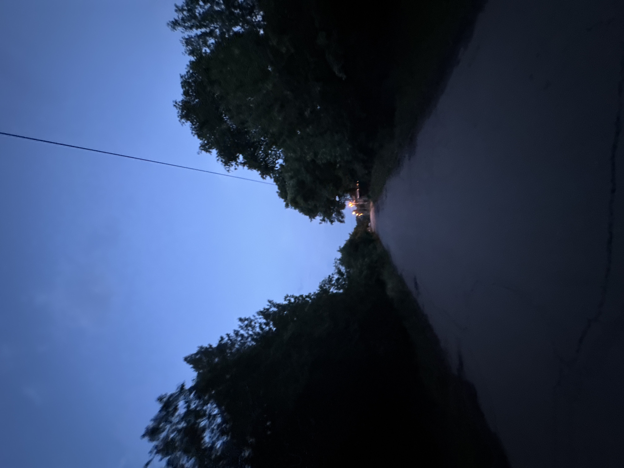 The image captures an outdoor scene, likely a rural road in Yana, Bulgaria, during twilight or early night. The sky is a deep indigo blue, indicating the transition from day to night. A utility line or power cable stretches horizontally across the upper portion of the sky on the left side.
The road surface appears dark and reflective, suggesting it may be wet, possibly from recent rain. It recedes into the distance, flanked on both sides by dense tree lines whose foliage is largely silhouetted against the dim sky. In the far distance, along the winding path of the road, several artificial lights, likely streetlights or distant building lights, glow with a warm yellow hue, providing the only clear sources of illumination within the darker elements of the scene. No people or specific activities are visible, lending a quiet and serene atmosphere to the landscape. There is no visible text in the image.