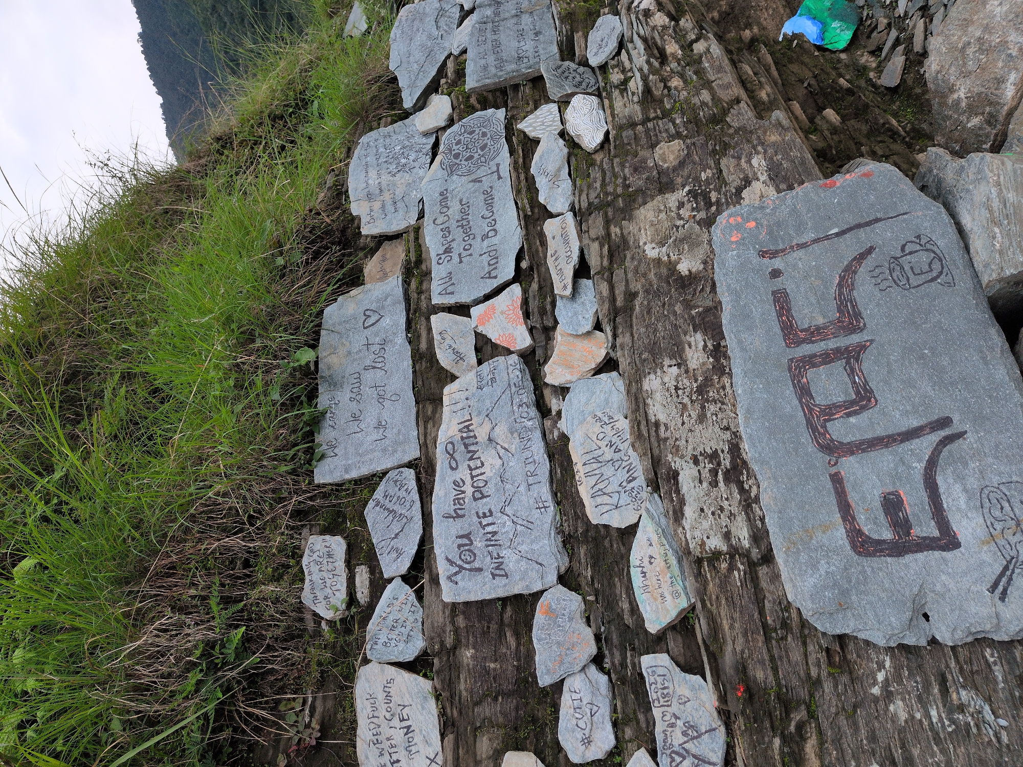 The image depicts a close-up of a rock face in Bhagsu, India, adorned with various handwritten messages and drawings on flat stones. The stones are arranged in layers against a natural rock embankment covered in lush green grass and vegetation. The lighting suggests an overcast day, with soft, diffused light.
The inscriptions on the stones are in English, with some appearing to be names, dates, and inspirational quotes. For example, one stone reads "You have INFINITE POTENTIAL!!!" with a drawing of mountains and a symbol resembling infinity. Another stone has "#TRIUNG 03-05-2020". Other inscriptions include "#CUTIE ♡" and "#END THE OCCUPATION". There are also some decorative drawings, including a stylized coffee cup and a mandala-like pattern.
The overall impression is that of a place where visitors have left personal messages. The environment is natural and rugged, with a clear view of a mountainous landscape in the background. The presence of a small, painted rock depicting a peacock in the lower right corner adds a touch of artistic expression to the scene.