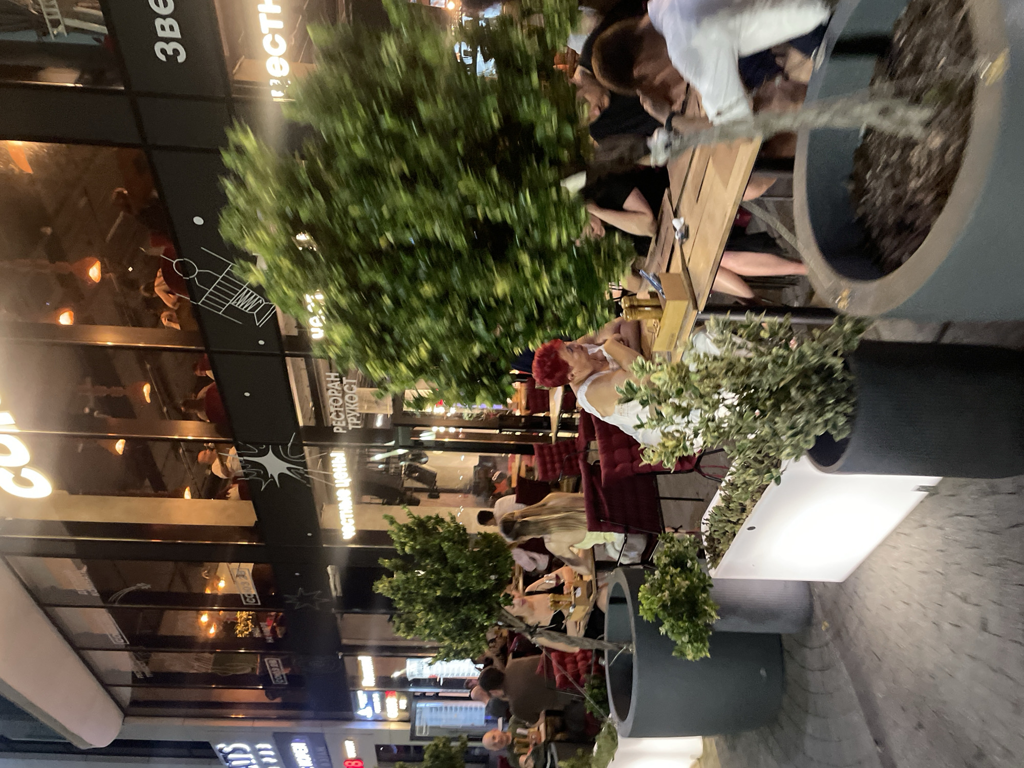 An outdoor seating area of a restaurant or cafe is depicted at dusk in Novorossiysk, Russia. Patrons are seated at tables, some engaged in conversation or dining, while others are out of focus in the background. The establishment features large glass windows, through which interior lighting and more patrons are visible. Several potted plants, including a large tree, are placed strategically around the seating area. The ground is paved with stone. A sign with Cyrillic lettering is visible on the building.