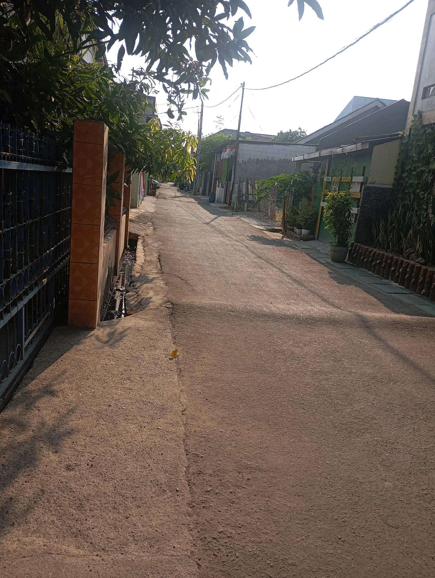 The image shows a narrow, paved street in a residential area, likely in Babelan, Indonesia, under bright sunlight casting long shadows. On the left, a dark metal gate with circular patterns runs alongside a sidewalk, which is partly shaded by the leaves of a mature tree. The gate is bordered by a wall with square, terracotta-colored tiles. Adjacent to the wall is a small, narrow drainage ditch containing some stagnant water and debris.
The street itself appears to be asphalt and is mostly clear, with some light reflections from the sun. On the right side of the street, houses are visible, characterized by their roofs and walls. Some houses have green facades, while others have grey or white tiled walls. Various potted plants are placed along the sidewalk on this side, including a tall snake plant arrangement and a leafy green shrub in a grey pot. Fencing made of vertical wooden posts is also visible along some of the property lines.
In the distance, the street curves slightly, and more houses and trees can be seen. Power lines and a utility pole are present against the bright sky. The overall impression is that of a typical, sun-drenched neighborhood street in a tropical climate. There are no people or vehicles immediately visible in the frame, though the presence of a parked motorcycle is suggested further down the road.