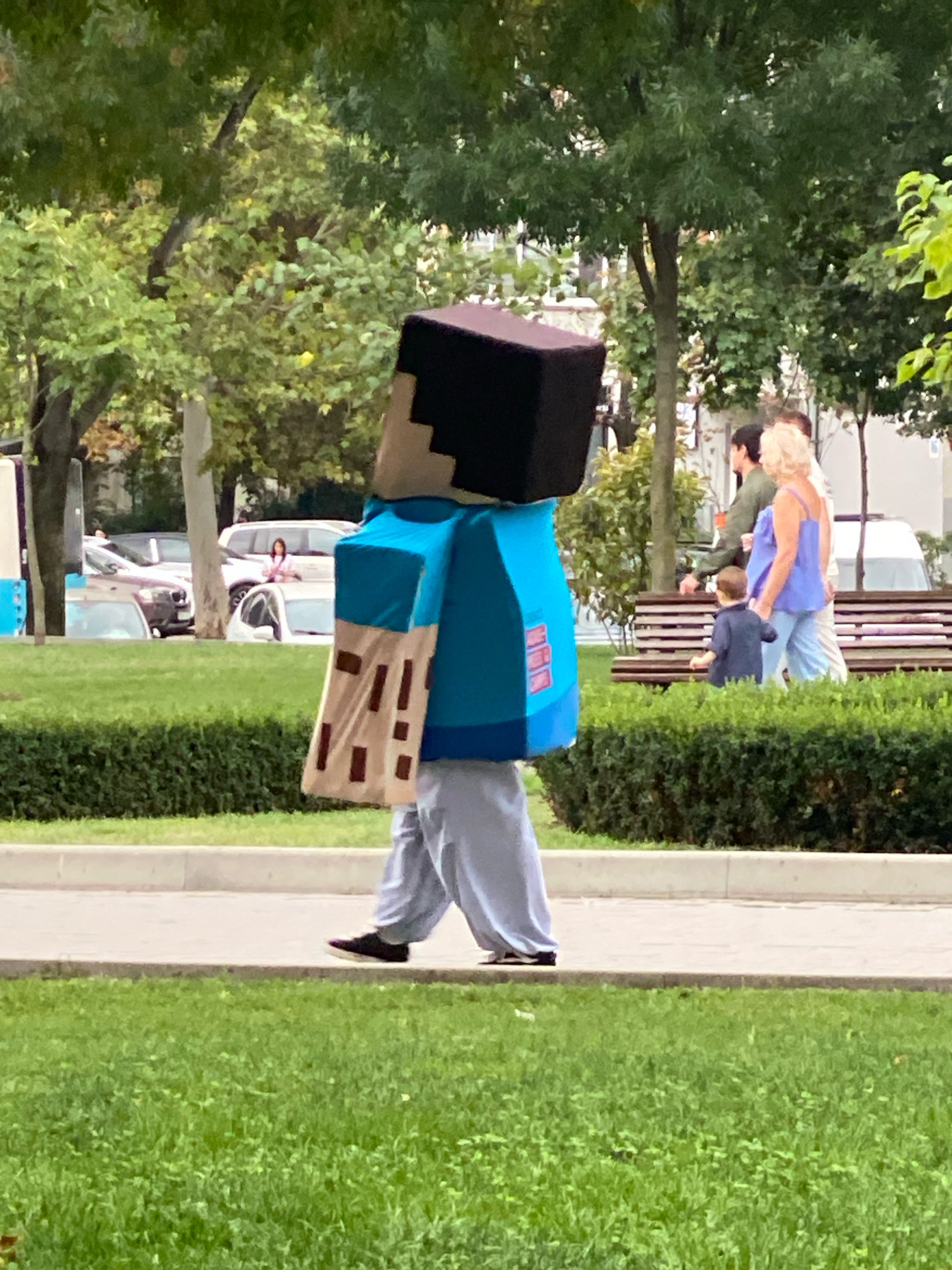An individual in a Minecraft-themed costume, resembling the character Steve, walks along a paved pathway in a park in Chișinău, Moldova. The costume features a large, cubed head with black and brown pixelated textures, a blue torso, and tan arms with brown square patterns. The person is wearing light gray pants and dark shoes.
In the background, several cars are parked on a street. Further back, a group of people is visible, including a woman in a blue top and jeans, a man in a green jacket, and a young child in a dark blue shirt. Behind them, park benches and lush green trees create a typical urban park setting. The pathway the costumed individual is walking on is bordered by a neatly trimmed hedge on one side and a grassy area on the other. The lighting suggests it is daytime, likely overcast or late afternoon, given the soft shadows.