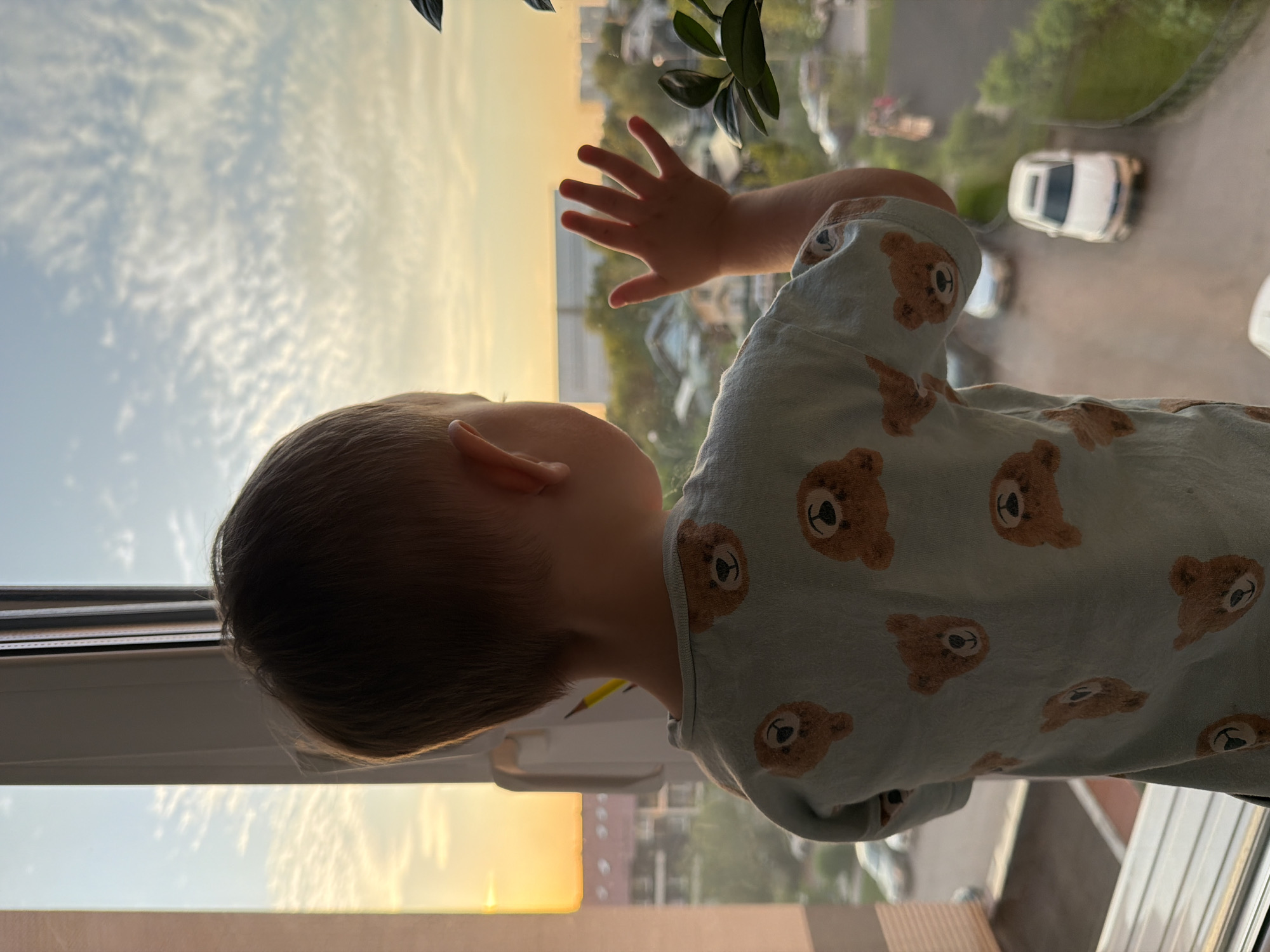 A toddler with blond hair, facing away from the camera, looks out of a window at a sunset. The child is wearing a light blue shirt with a teddy bear print. Their right hand is pressed against the glass. Outside the window, buildings and trees are visible, along with a street with several cars. The sky is filled with wispy clouds and glows with the orange and yellow hues of sunset. The scene appears to be from a residential area in the city of Odintsovo, Russia.