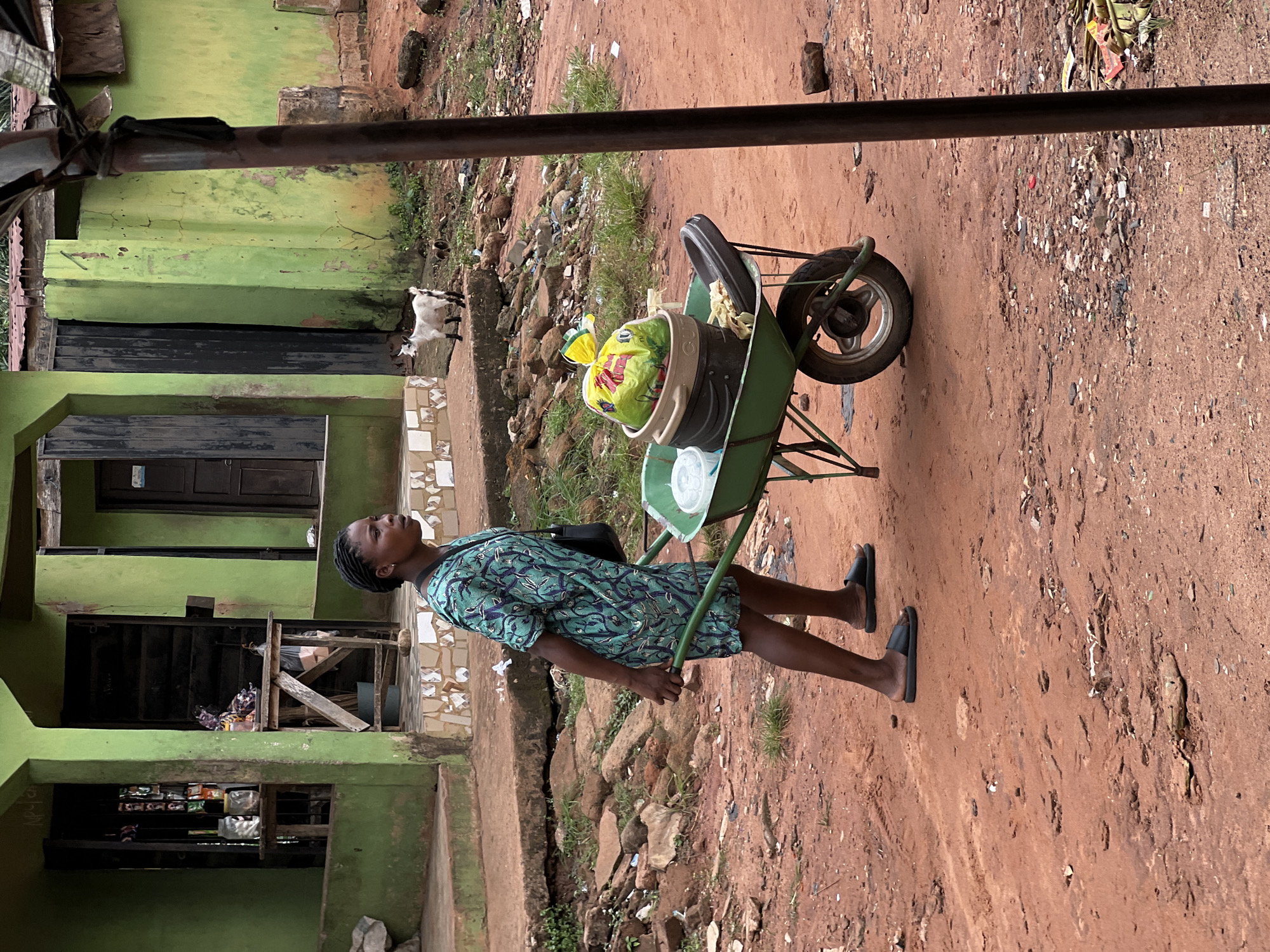 In Nkpor, Nigeria, a woman in a green patterned dress walks to the left, pushing a green wheelbarrow laden with various containers. The wheelbarrow contains a yellow plastic bag, a tan bucket, and a dark grey dish. The woman is wearing black flip-flops and a black bag is slung over her right shoulder. She is walking on a reddish-brown dirt path in front of a green building with a wooden door and a store counter visible through an open window. To the right of the building, a white goat stands on a concrete step. The environment appears somewhat unkempt, with scattered rocks and debris on the ground. A thick, dark pole is visible in the foreground on the right, obscuring part of the scene.