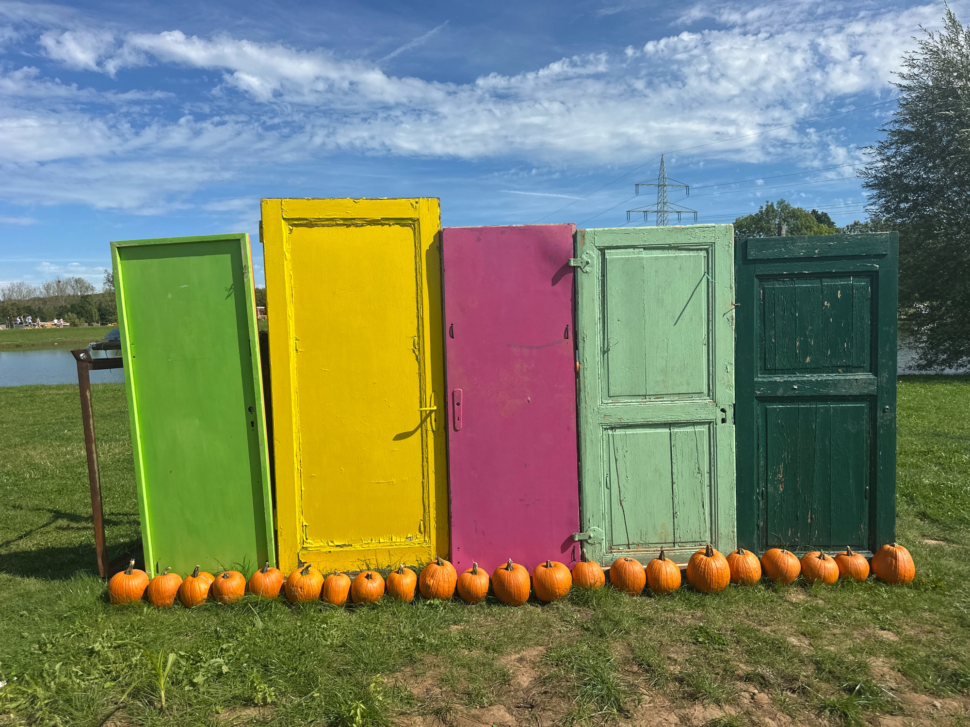The image shows a row of five brightly colored doors, painted green, yellow, magenta, light green, and dark green, standing upright on a grassy area. In front of the doors, a line of small, orange pumpkins is arranged. The doors are of varying heights and appear to be old and weathered, with some showing signs of paint peeling. The background features a bright blue sky with scattered white clouds, a body of water on the left, trees and foliage on the right, and a distant power pylon. The scene is outdoors and appears to be a decorative installation, possibly for a harvest festival or an art display. This setup is located in Mechernich, Germany.