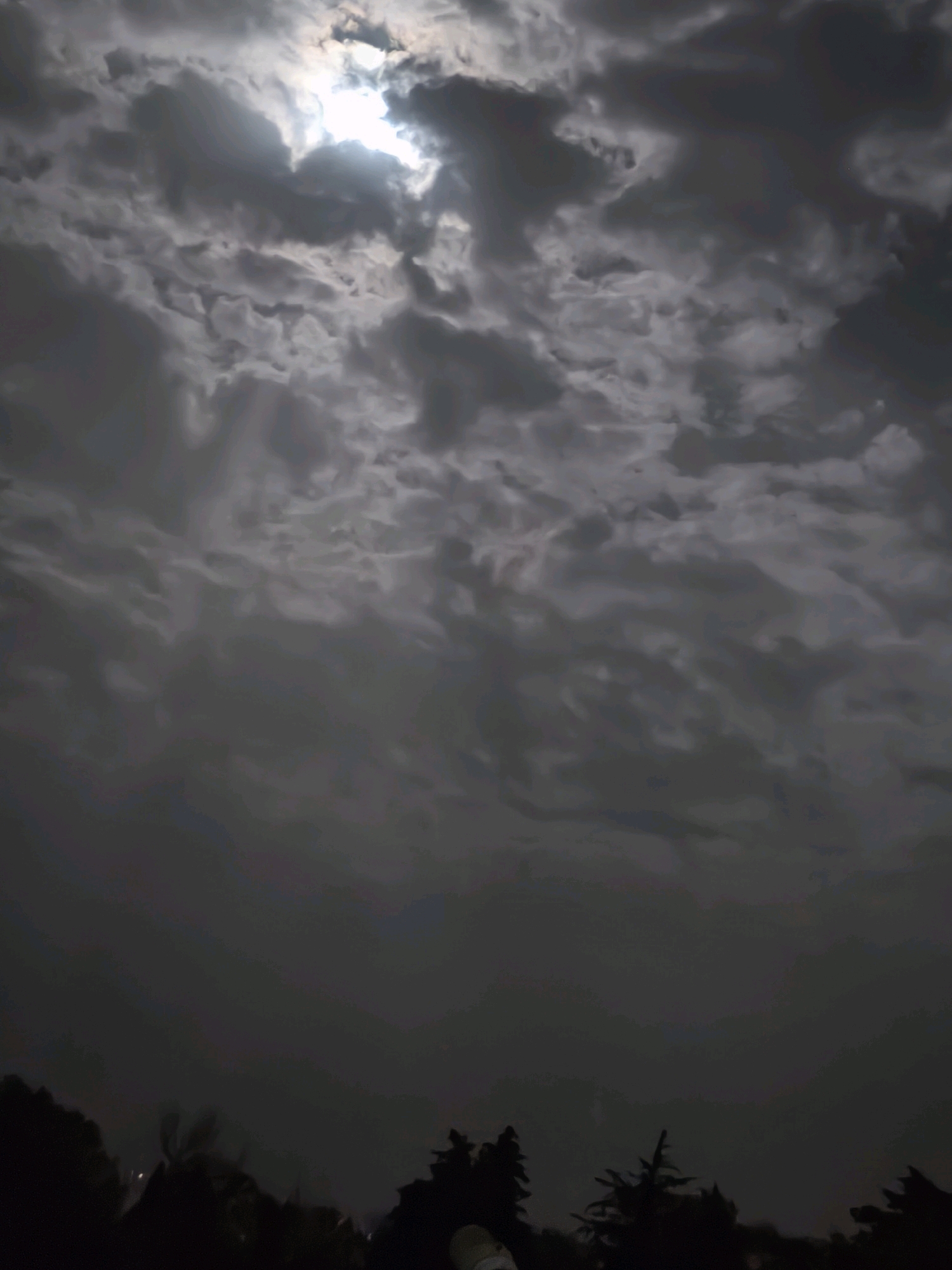 The image depicts a nocturnal sky with a bright moon partially obscured by swirling clouds. The moon's light illuminates the clouds, creating a dramatic and textured effect. Below the sky, the silhouette of trees and vegetation is visible against the dark ground. The scene suggests a relatively calm night, despite the cloud cover. The location is Passignano sul Trasimeno, Italy.