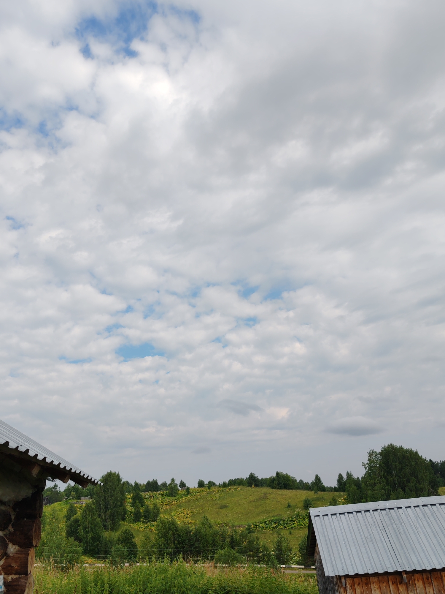 This image depicts a rural landscape under a cloudy sky. In the foreground, on the left, is the corner of a wooden log structure with a corrugated metal roof. On the right, another corrugated metal roof is visible, belonging to a different wooden structure. The middle ground features a rolling green hill dotted with various trees, including deciduous and coniferous varieties. Some yellow flowering plants are scattered across the hillside. A dirt road or path runs horizontally across the lower middle section of the image. The background consists of a distant treeline and a vast expanse of clouds. The scene is set in the vicinity of the village of Chukhlem, Russia. There are no people visible in the image.