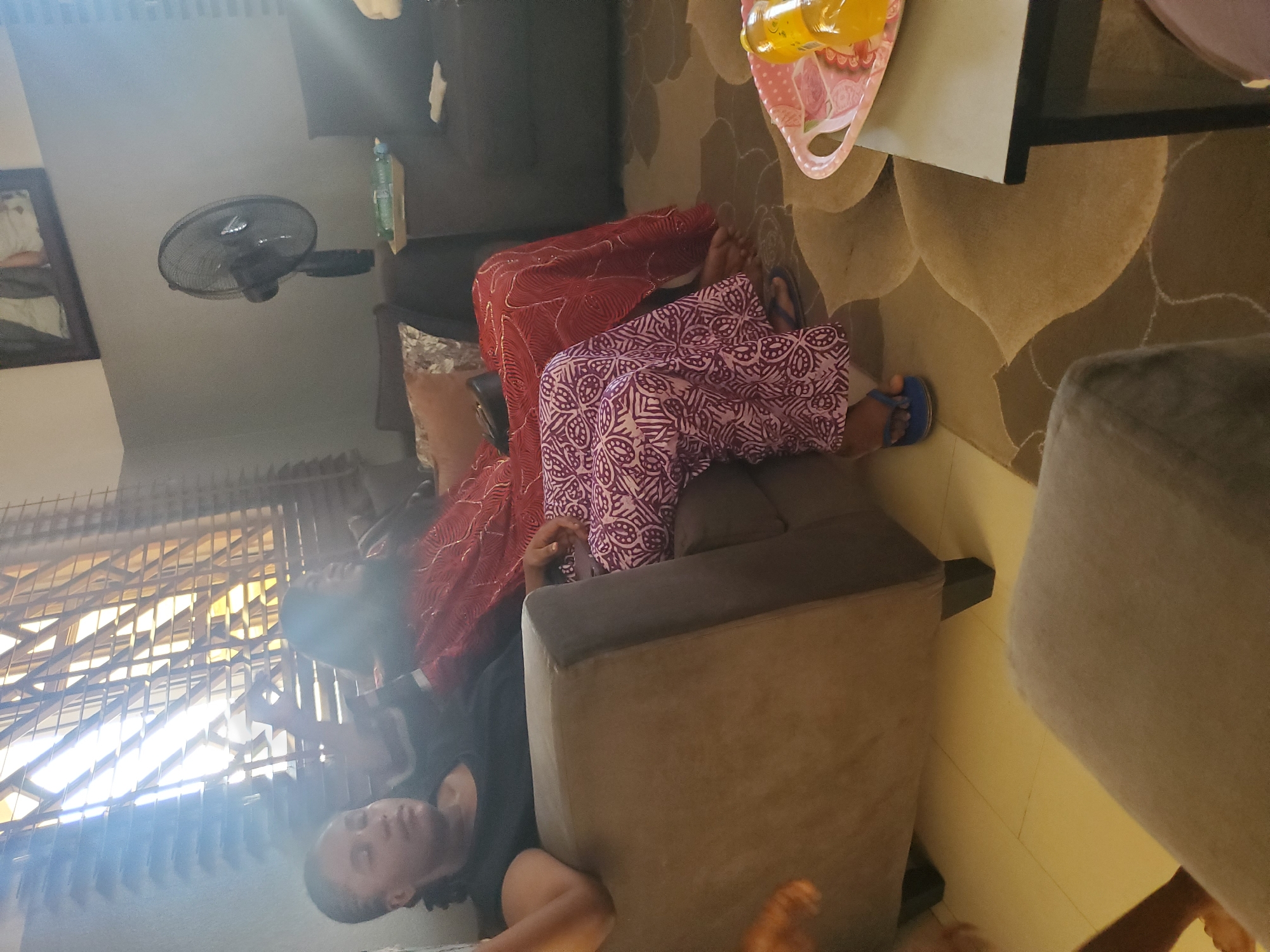 The image captures an indoor living room scene in Sabon Tasha, Nigeria, featuring two individuals seated on upholstered furniture. On the left, a person, appearing female, is seated on a light brown armchair, wearing a dark t-shirt and with dark braided hair. Her head is tilted slightly left, and her eyes are partially closed. To her right, a second person, also appearing female, is seated on a dark sofa. This individual is dressed in a red patterned garment with a distinct texture, with her legs covered by a purple patterned garment. She wears blue flip-flops. Her face is partially obscured by glare.
Bright natural light emanates from a window on the left side of the room, which is fitted with horizontal blinds and a dark security grille. On the back wall, painted a light gray, a black pedestal fan is mounted above the dark sofa, to the right of the window. A framed picture hangs on the wall above the fan. The floor is covered by a large area rug displaying an abstract, multi-tonal brown and beige pattern. A small section of light-colored tiled floor is visible under the armchair on the left. On the far right, a small black table with a wooden top holds a pink plastic tray containing two yellow bottles. A second, smaller plastic tray with green bottles rests on the armrest of the dark sofa behind the right-seated individual. A white cloth is also visible on the armrest of the far-right sofa. The scene depicts a relaxed, domestic setting.