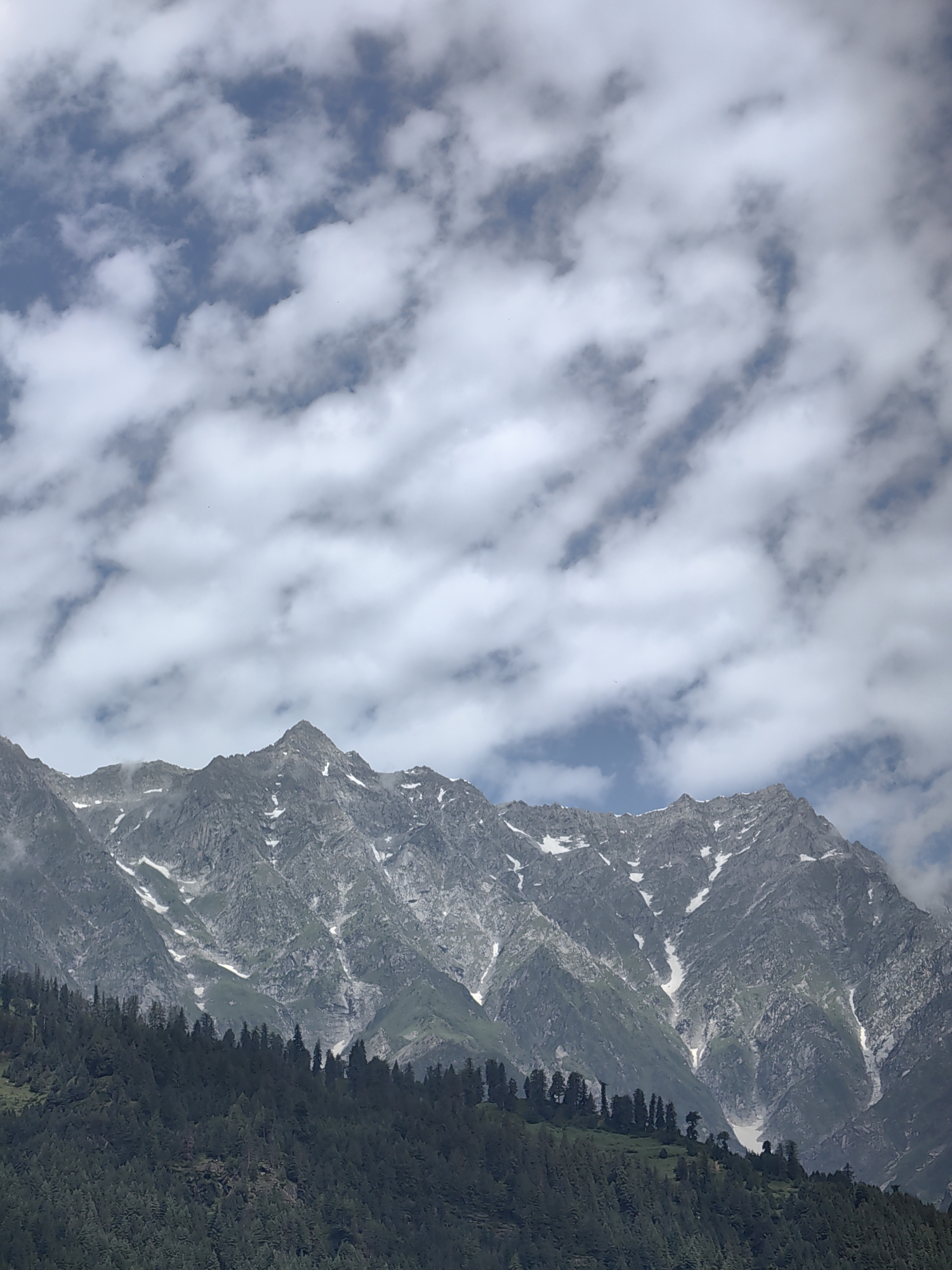 The image shows a mountainous landscape with a dense forest in the foreground and snow-capped peaks in the background. The sky is filled with scattered white clouds. The forest is composed of dark green evergreen trees, which cover the lower slopes of the mountains. Above the forest, the mountain slopes are a mix of gray rock and green vegetation, with patches of snow visible on the higher elevations. The peaks are rugged and appear to be of significant height. The overall impression is one of natural grandeur and wilderness. This scene is characteristic of the region around Vashisht, India, known for its Himalayan vistas and lush forests.
